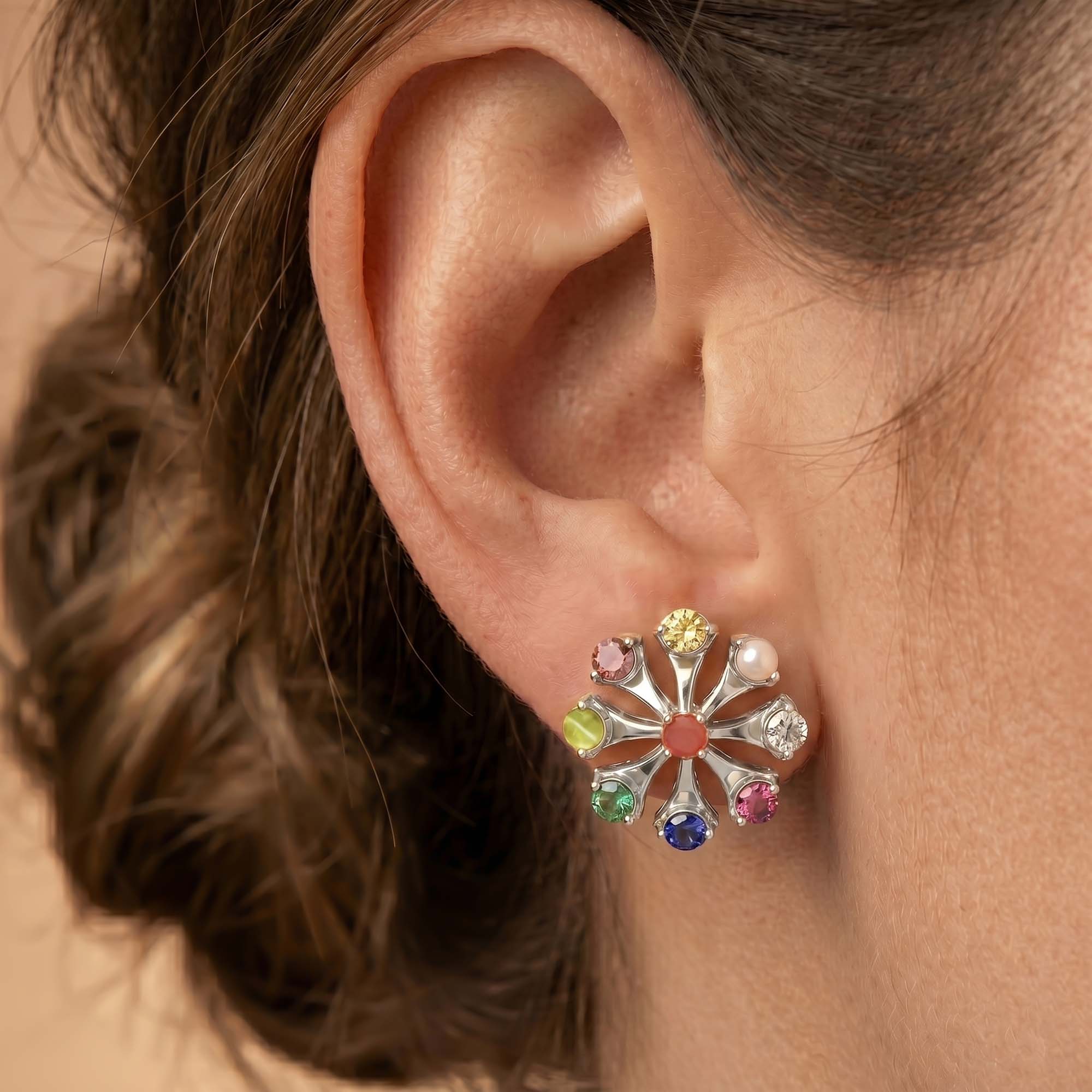 Navratna (Navaratna) Stud Earrings in 18K White Gold – 2.8 mm stones, 4 g (Design K1-22) thumbnail