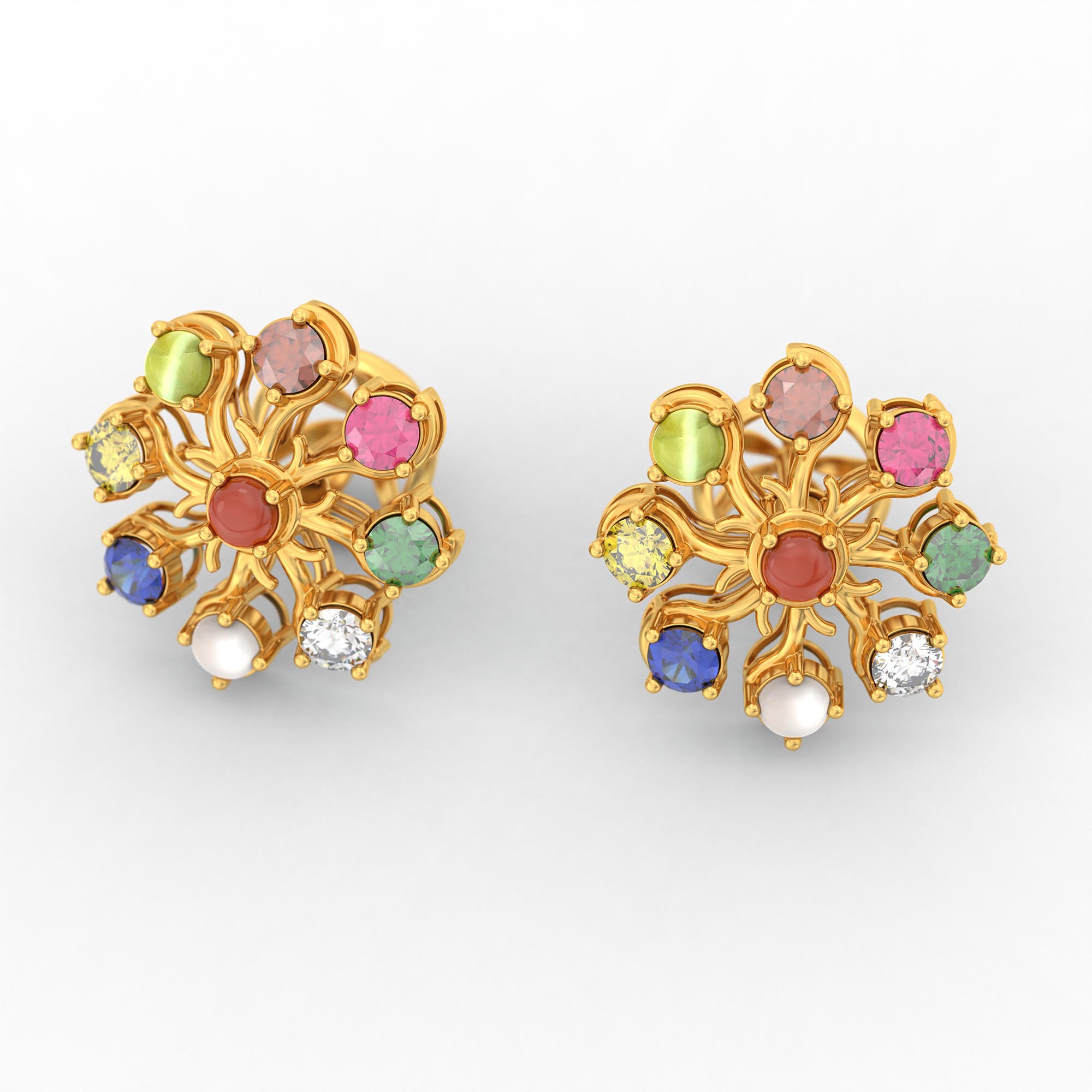 Navratna (Navaratna) Stud Earrings in 22K Yellow Gold – 2.8 mm stones, 4 g (Design K1-23) thumbnail