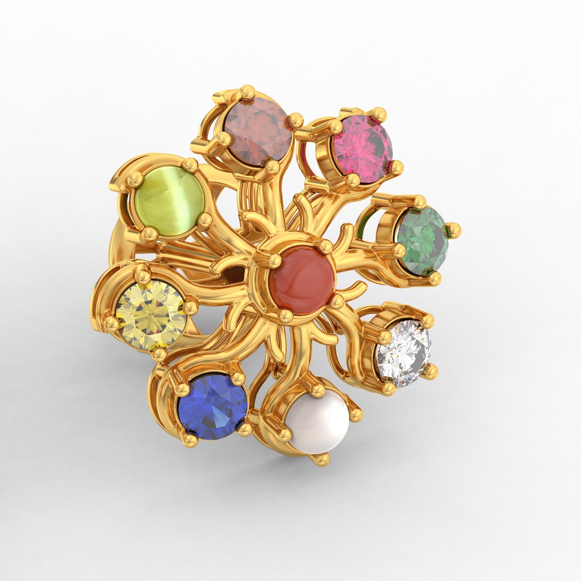 Navratna (Navaratna) Stud Earrings in 22K Yellow Gold – 2.8 mm stones, 4 g (Design K1-23) thumbnail