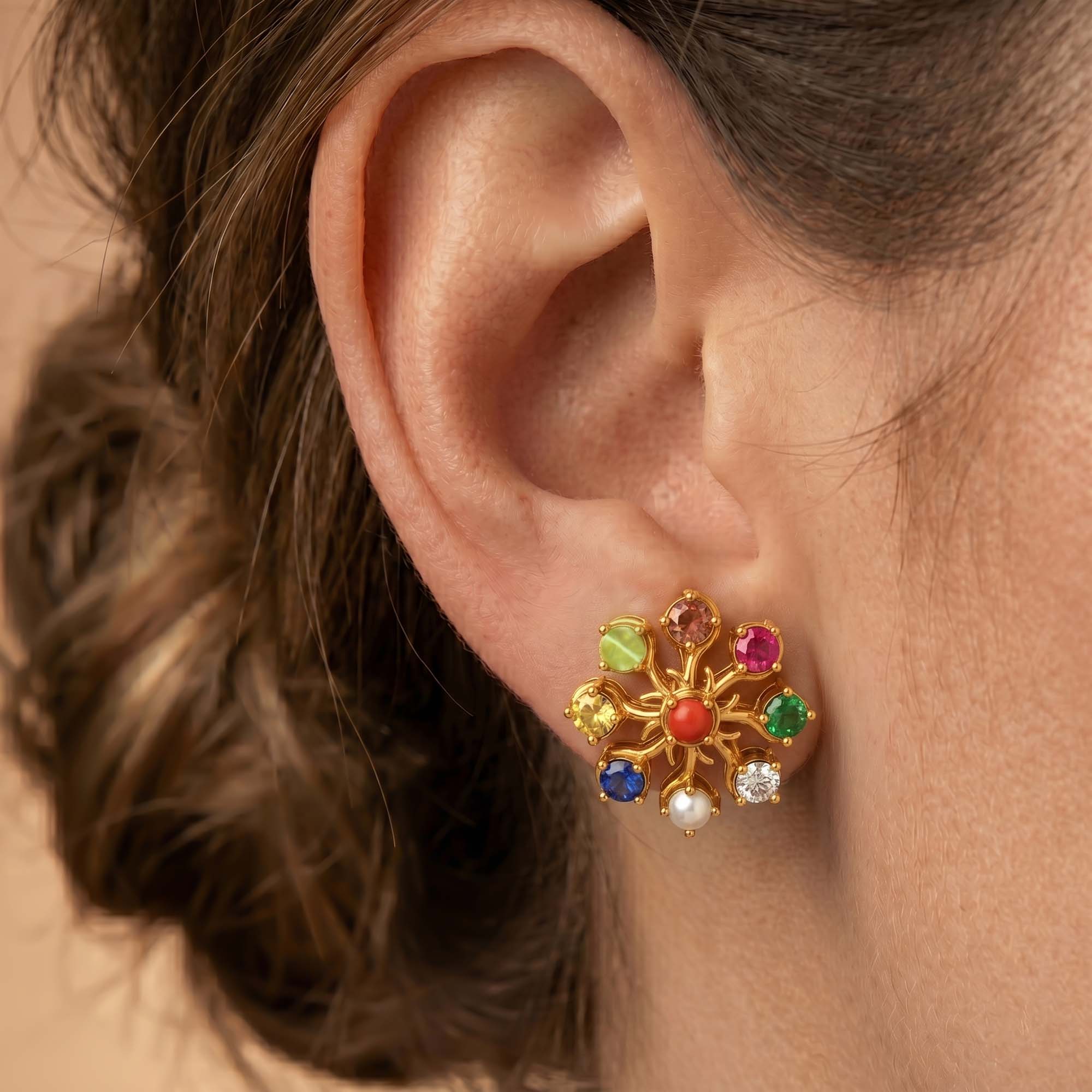 Navratna (Navaratna) Stud Earrings in 22K Yellow Gold – 2.8 mm stones, 4 g (Design K1-23) thumbnail