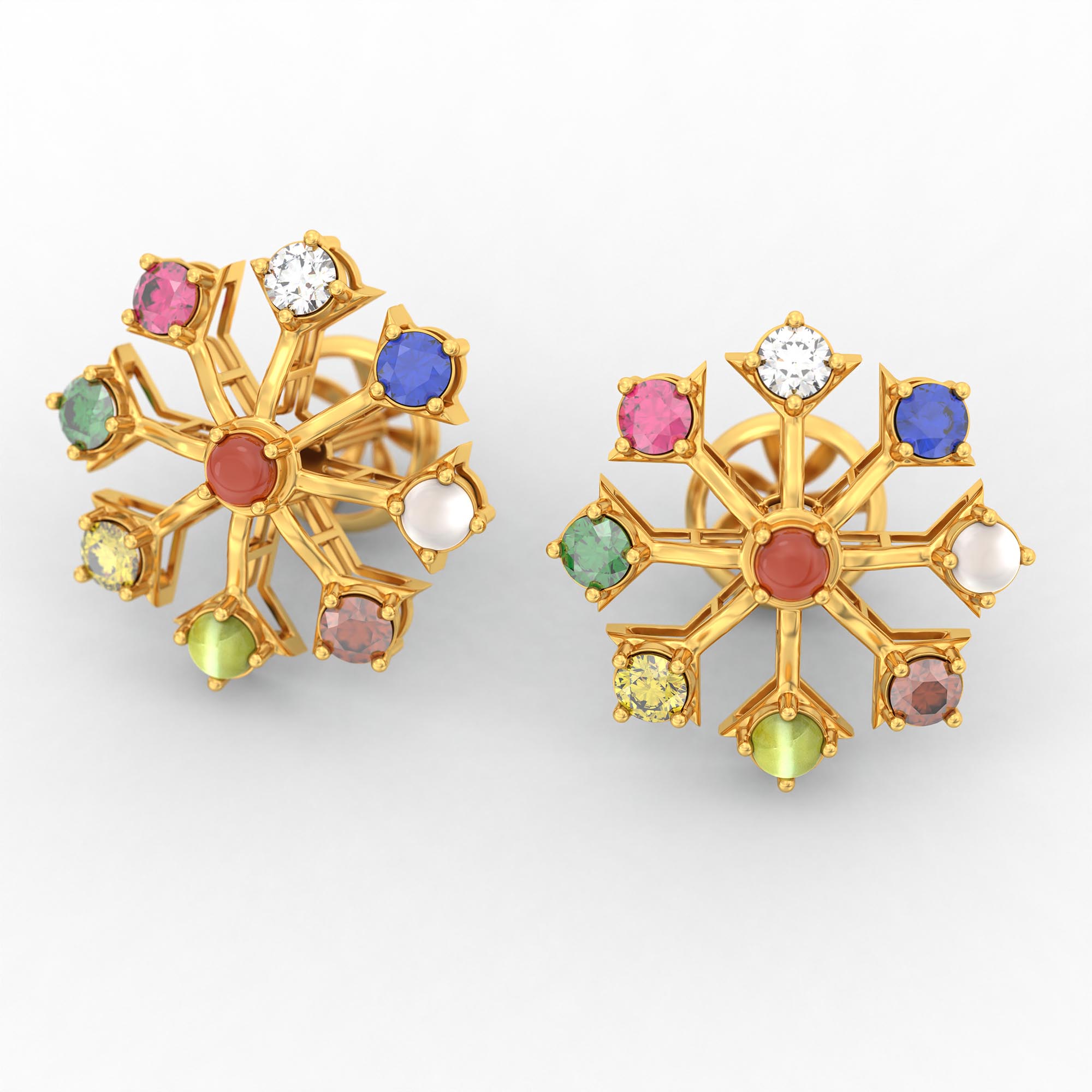 Navratna (Navaratna) Stud Earrings in 22K Yellow Gold – 2.8 mm stones, 4 g (Design K1-24) thumbnail