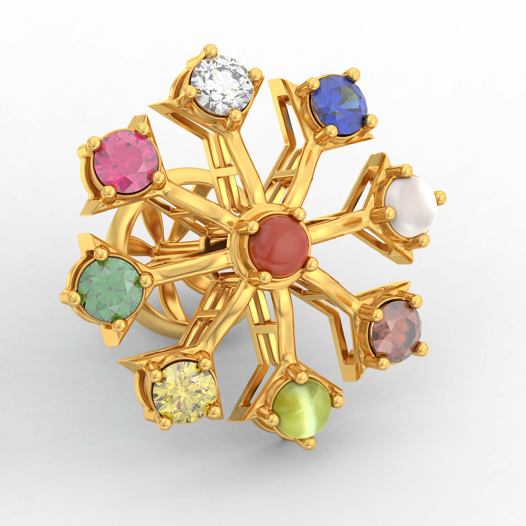 Navratna (Navaratna) Stud Earrings in 22K Yellow Gold – 2.8 mm stones, 4 g (Design K1-24) thumbnail