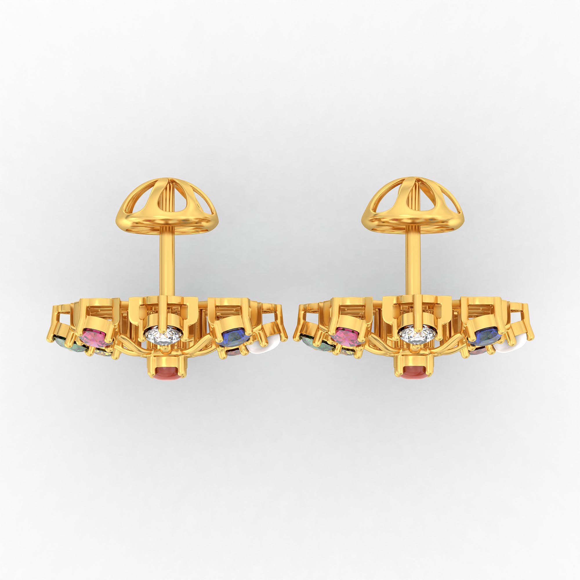 Navratna (Navaratna) Stud Earrings in 22K Yellow Gold – 2.8 mm stones, 4 g (Design K1-24) thumbnail