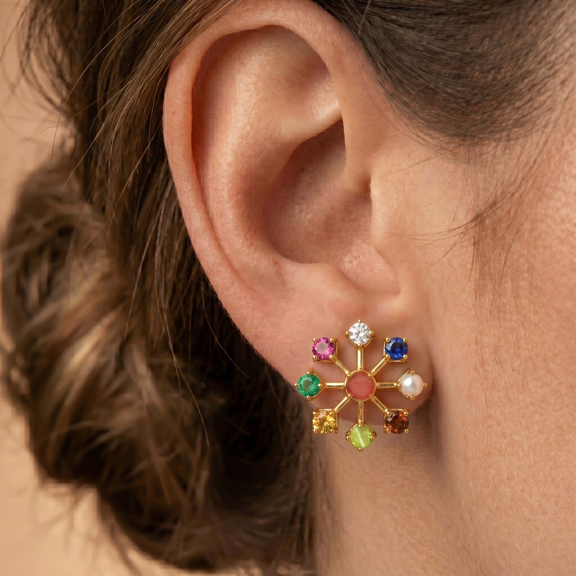 Navratna (Navaratna) Stud Earrings in 22K Yellow Gold – 2.8 mm stones, 4 g (Design K1-24) thumbnail