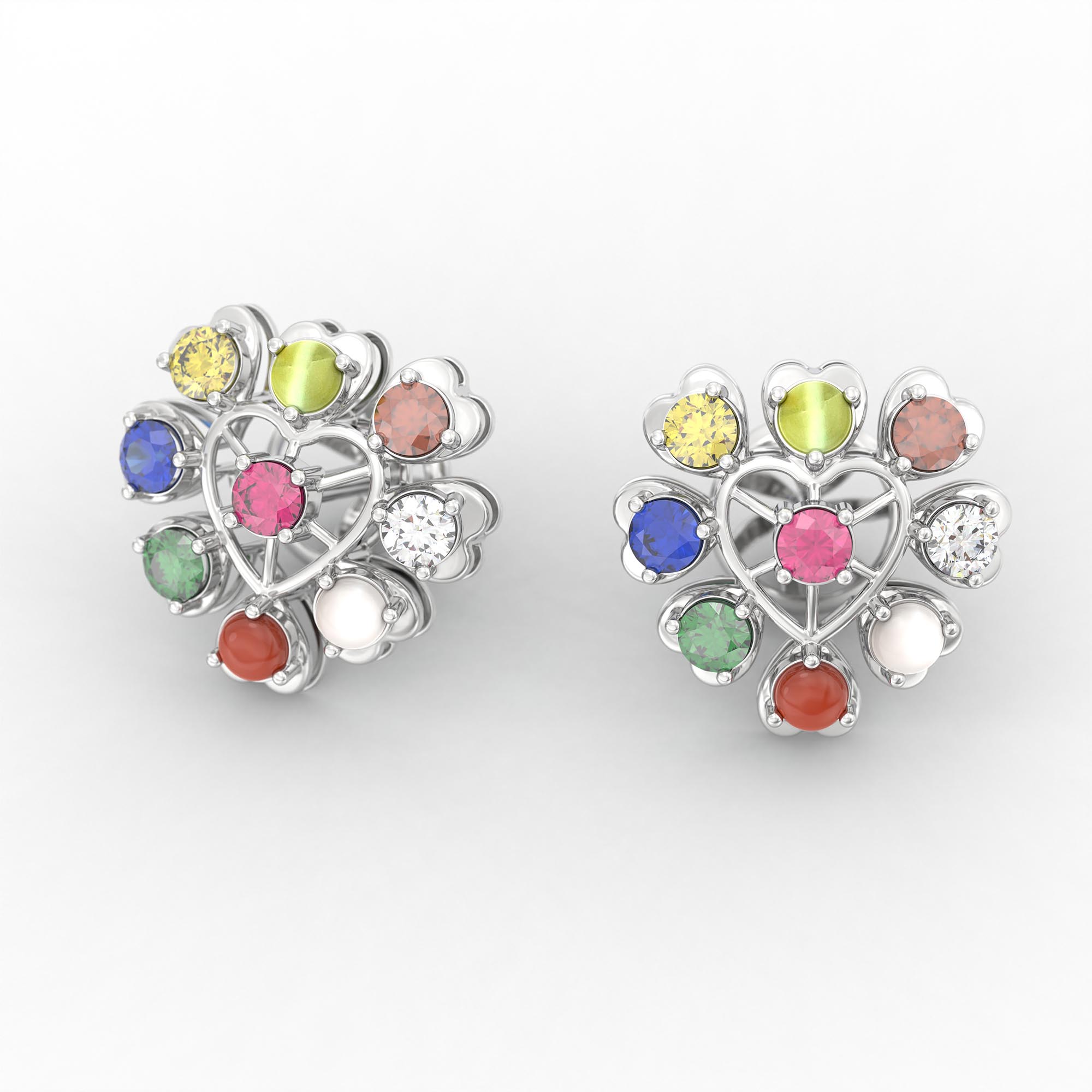 Navratna (Navaratna) Stud Earrings in 18K White Gold – 2.8 mm stones, 4 g (Design K1-25) thumbnail