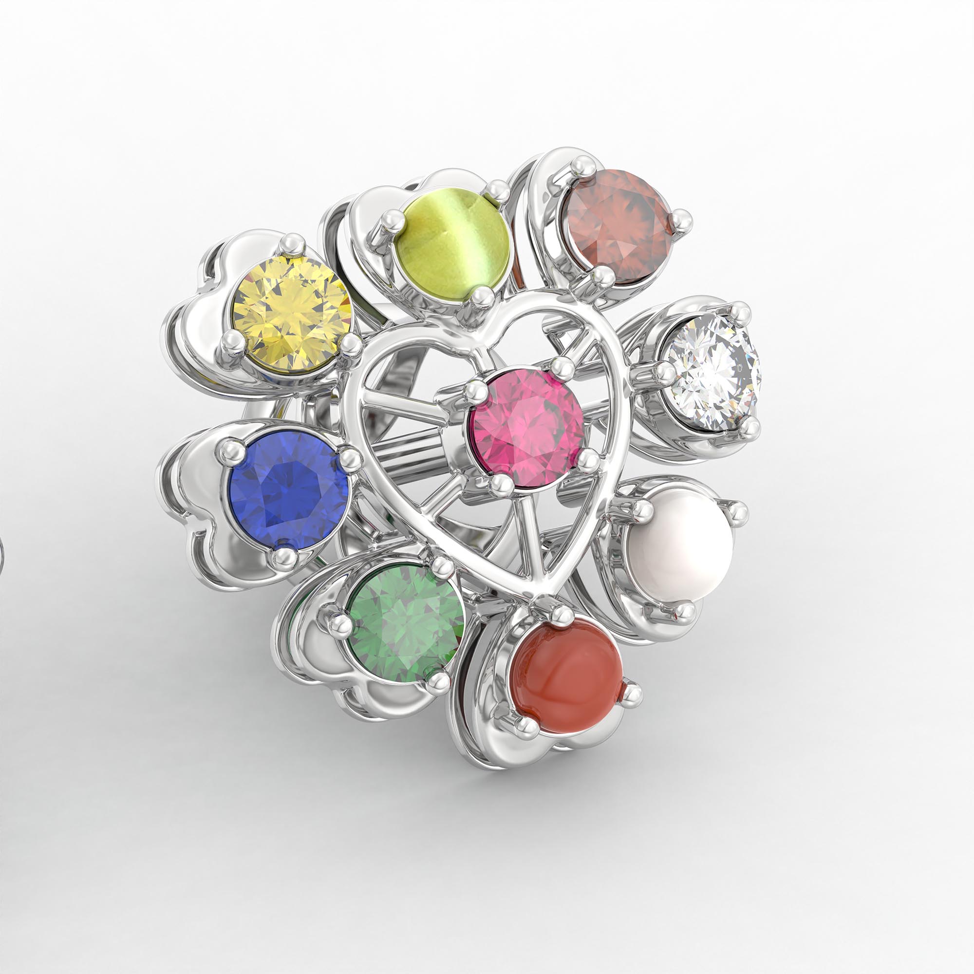 Navratna (Navaratna) Stud Earrings in 18K White Gold – 2.8 mm stones, 4 g (Design K1-25) thumbnail