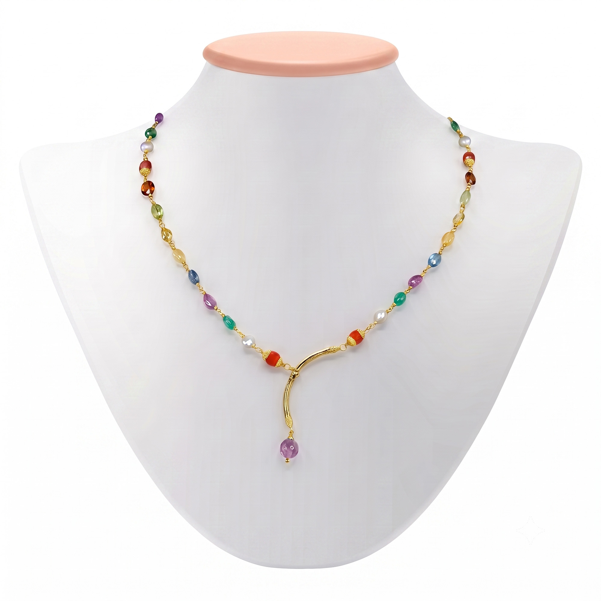 Navratna (Navaratna) Necklace D01 in 18K Yellow Gold with Natural Uncut Diamonds thumbnail