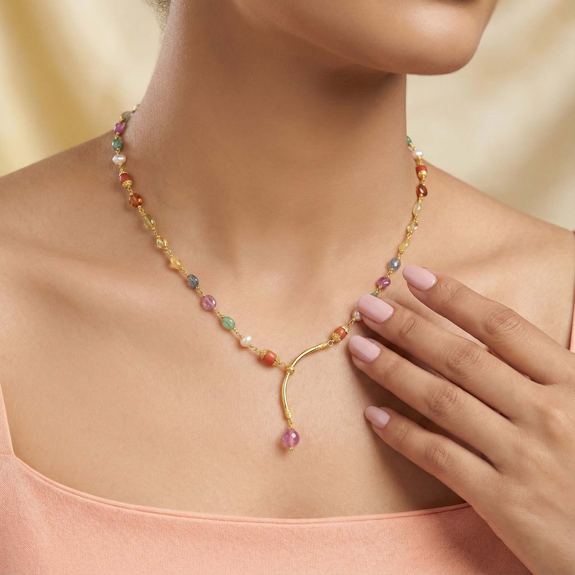 Navratna (Navaratna) Necklace D01 in 18K Yellow Gold with Natural Uncut Diamonds thumbnail