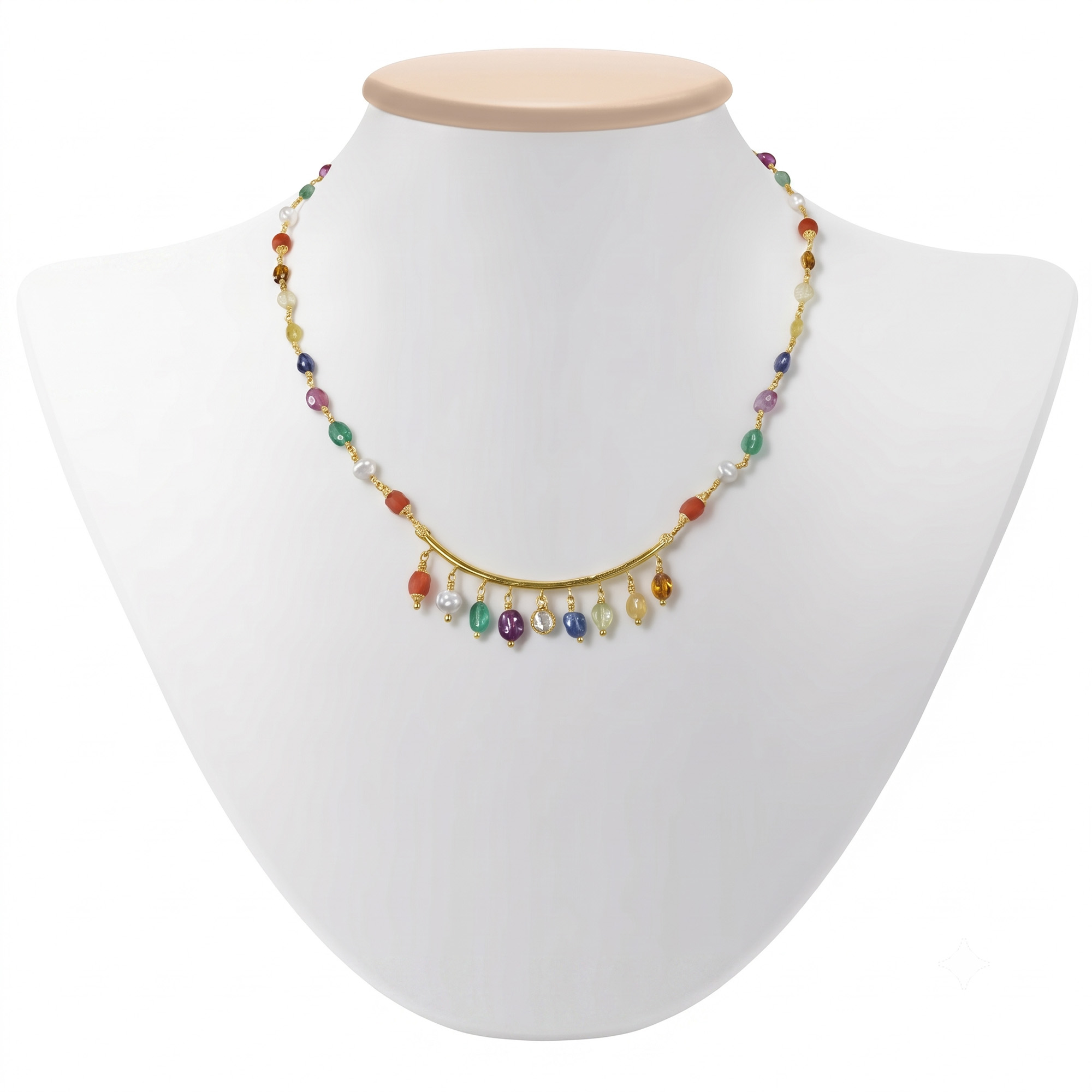 Navratna (Navaratna) Necklace D02 in 18K Yellow Gold with Natural Uncut Diamonds thumbnail