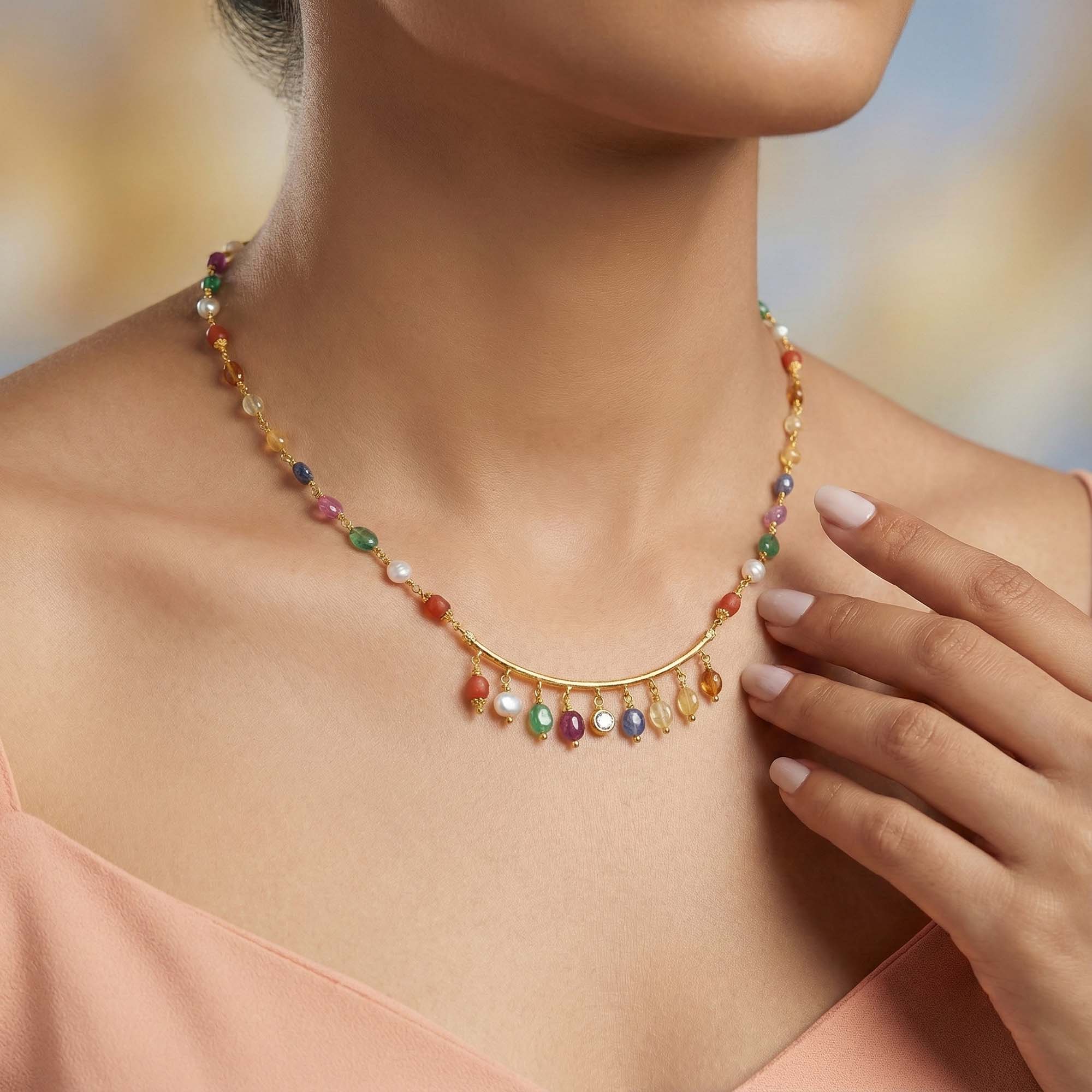 Navratna (Navaratna) Necklace D02 in 18K Yellow Gold with Natural Uncut Diamonds thumbnail