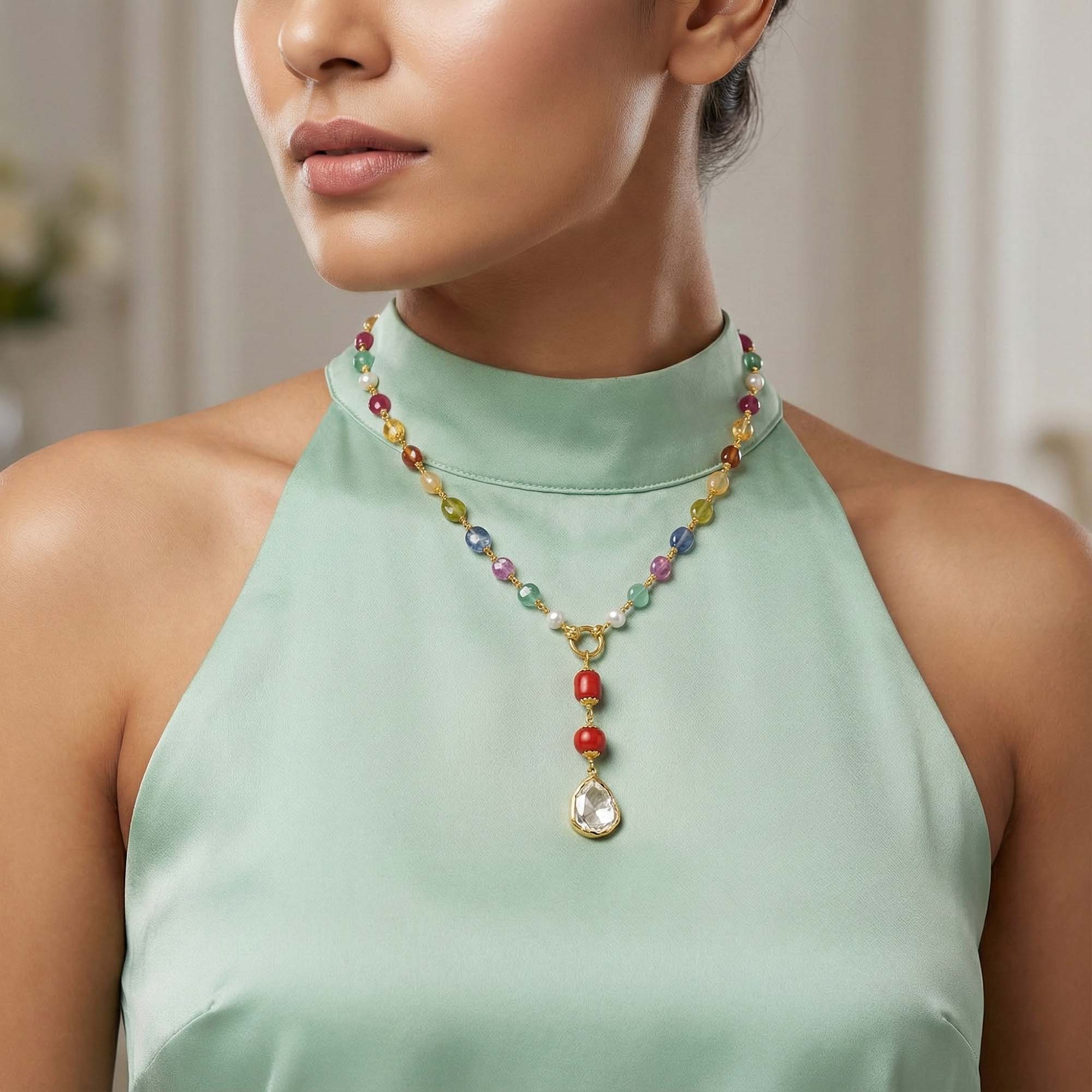 Navratna (Navaratna) Necklace D06 in 18K Yellow Gold with Natural Uncut Diamonds thumbnail