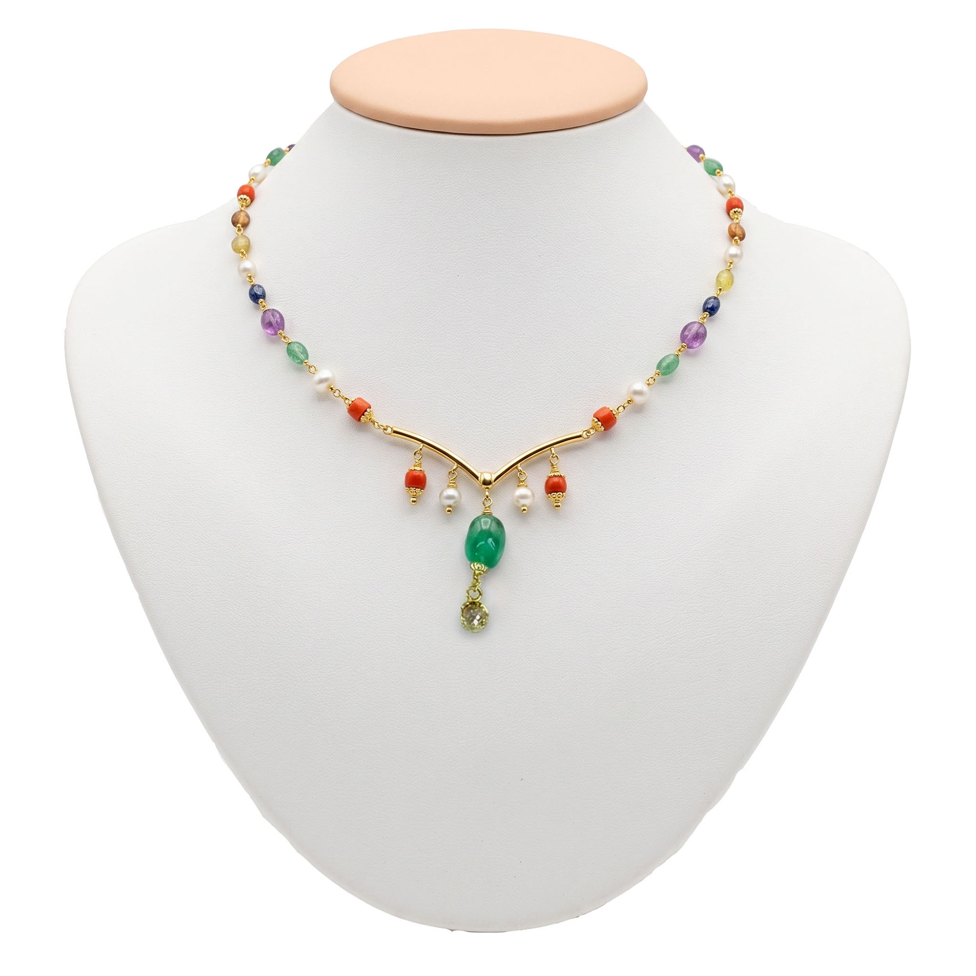 Navratna (Navaratna) Necklace D07 in 18K Yellow Gold with Natural Uncut Diamonds thumbnail