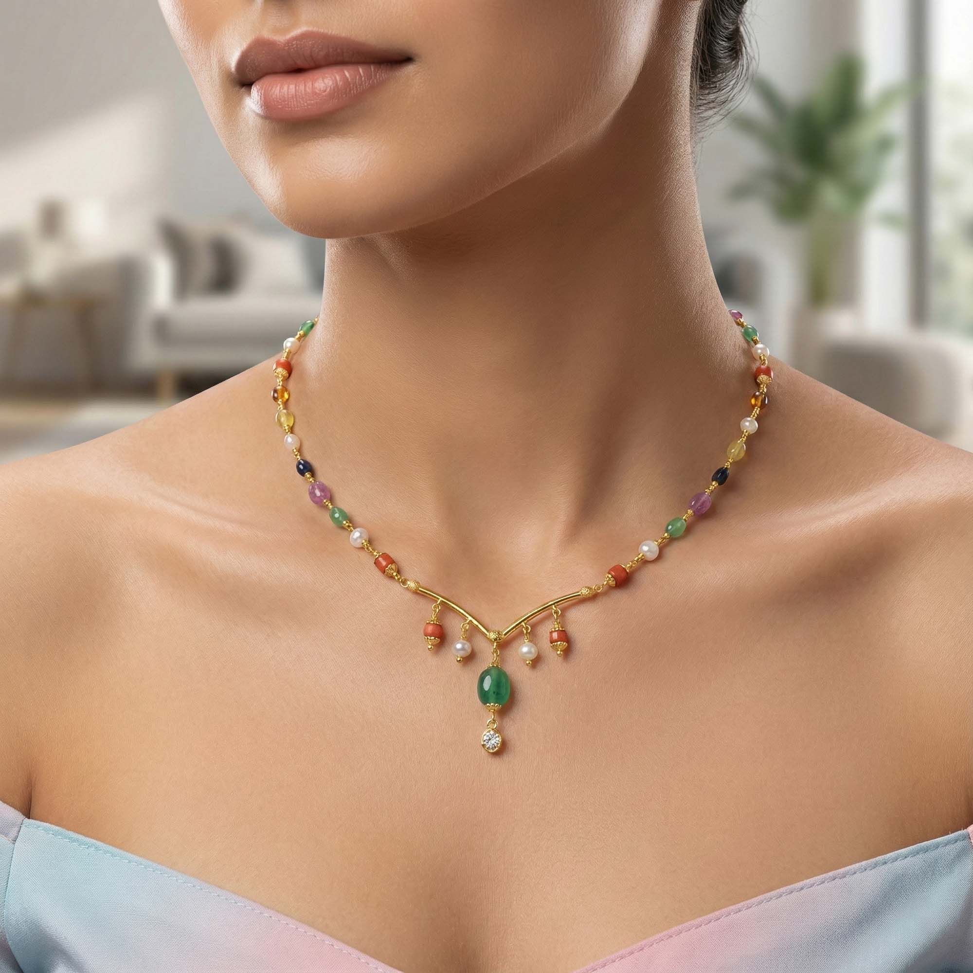 Navratna (Navaratna) Necklace D07 in 18K Yellow Gold with Natural Uncut Diamonds thumbnail