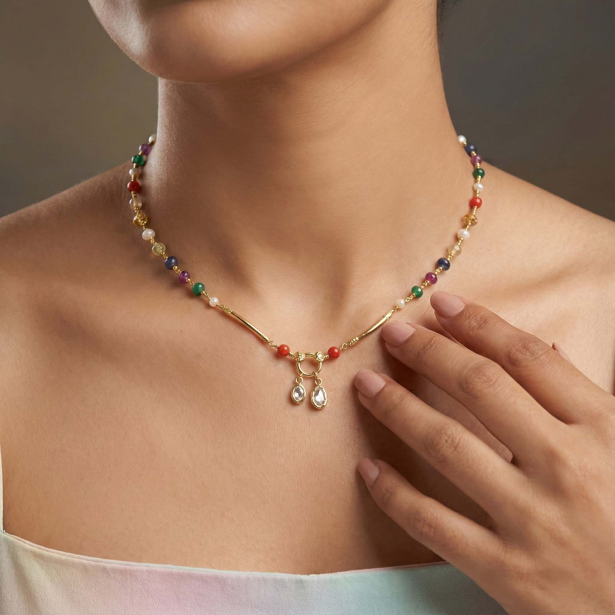 Navratna (Navaratna) Necklace D10 in 18K Yellow Gold with Natural Uncut Diamonds thumbnail