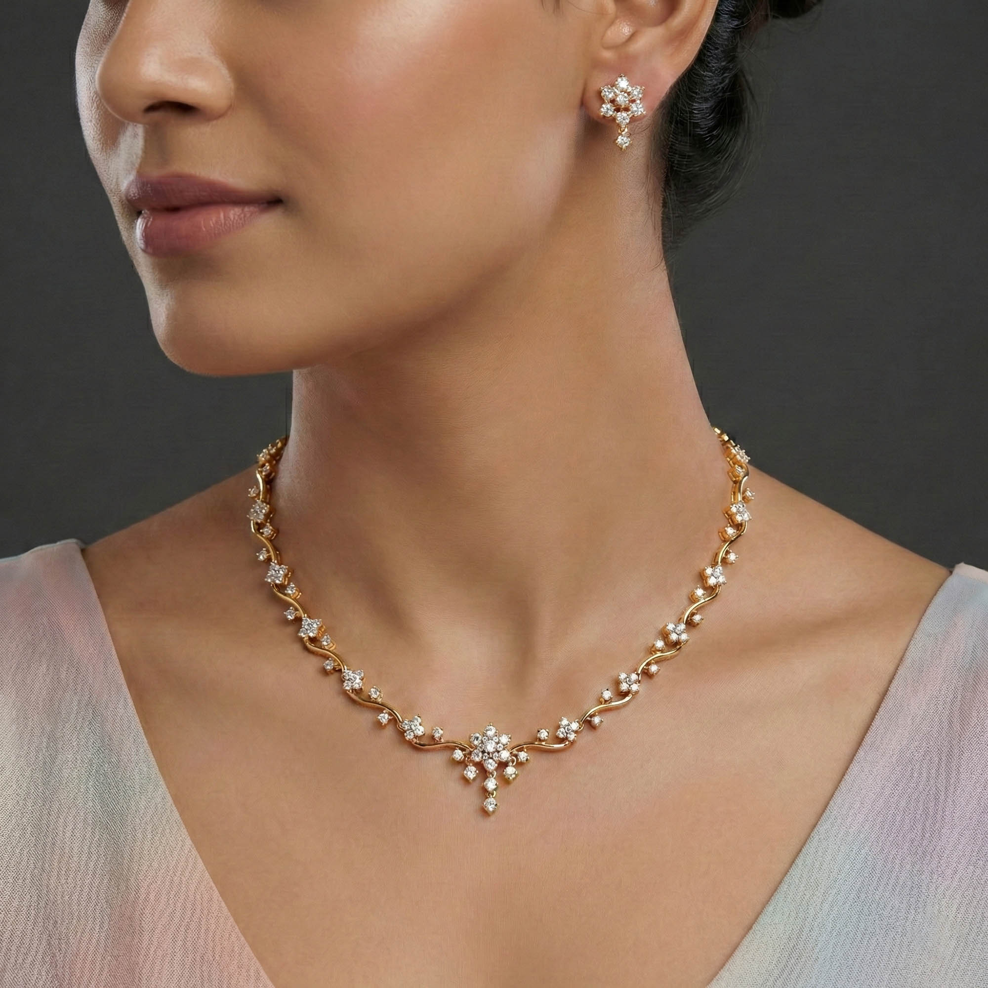 Lab-Grown Diamond Necklace and Earring Set in 22K Yellow Gold – 2.61 Ct, 99 Diamonds thumbnail