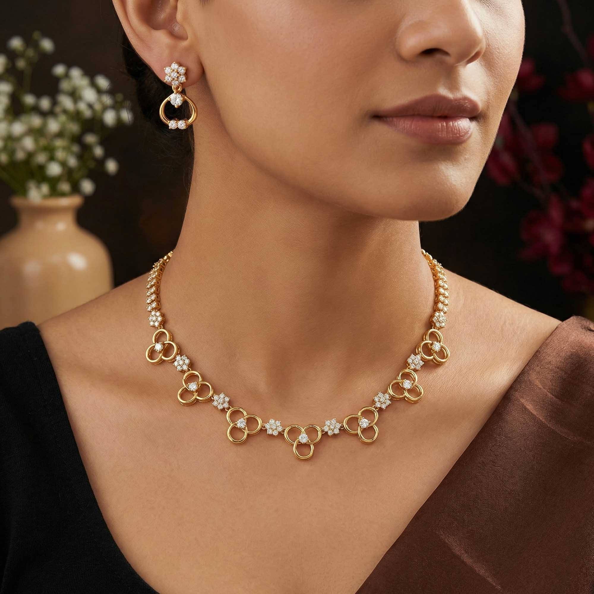Lab-Grown Diamond Necklace and Earring Set in 22K Yellow Gold – 4 Ct, 111 Diamonds thumbnail