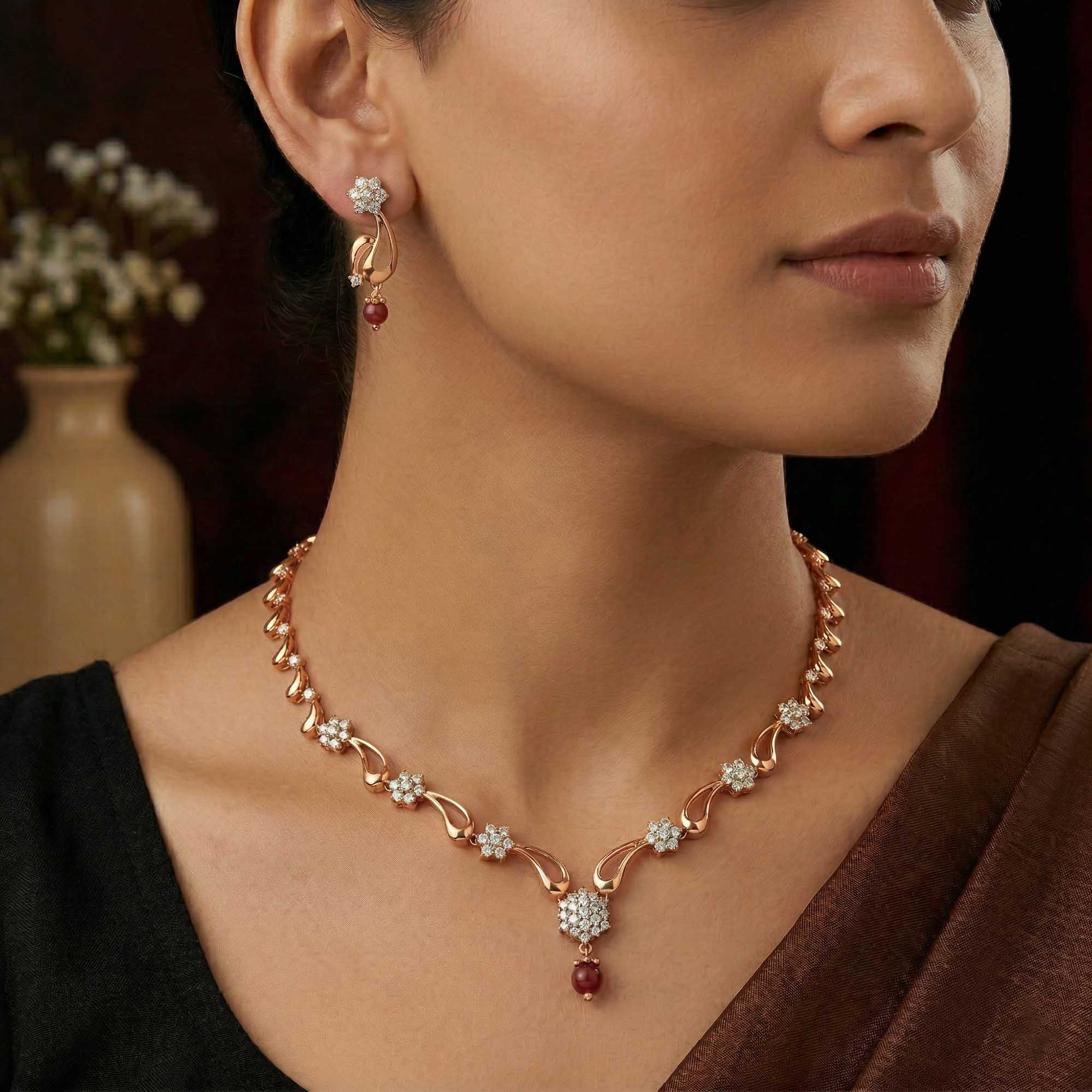 Lab-Grown Diamond Necklace and Earring Set in 18K Rose Gold – 3.07 Ct, 91 Diamonds thumbnail