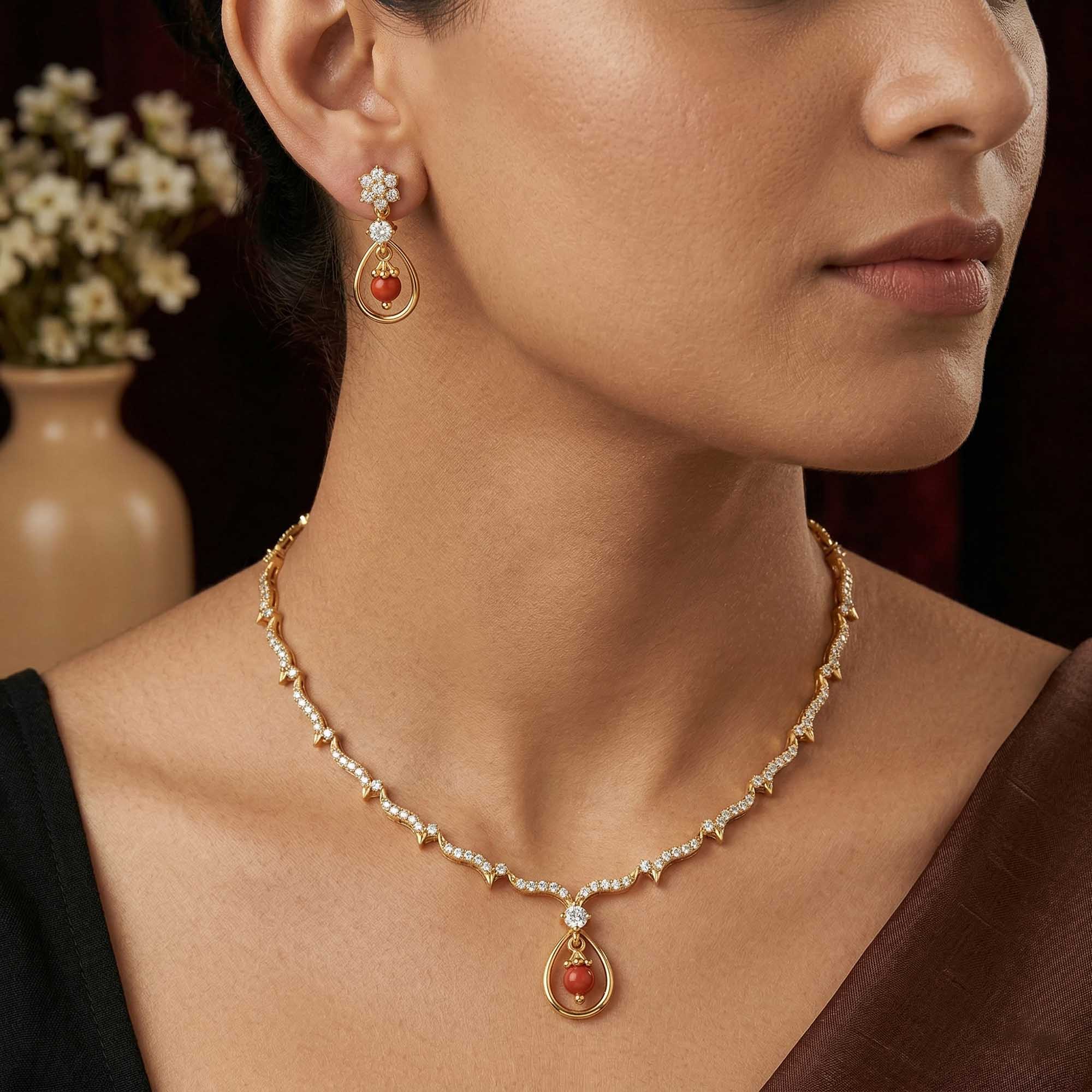 Lab-Grown Diamond Necklace and Earring Set in 22K Yellow Gold – 3.28 Ct, 101 Diamonds thumbnail