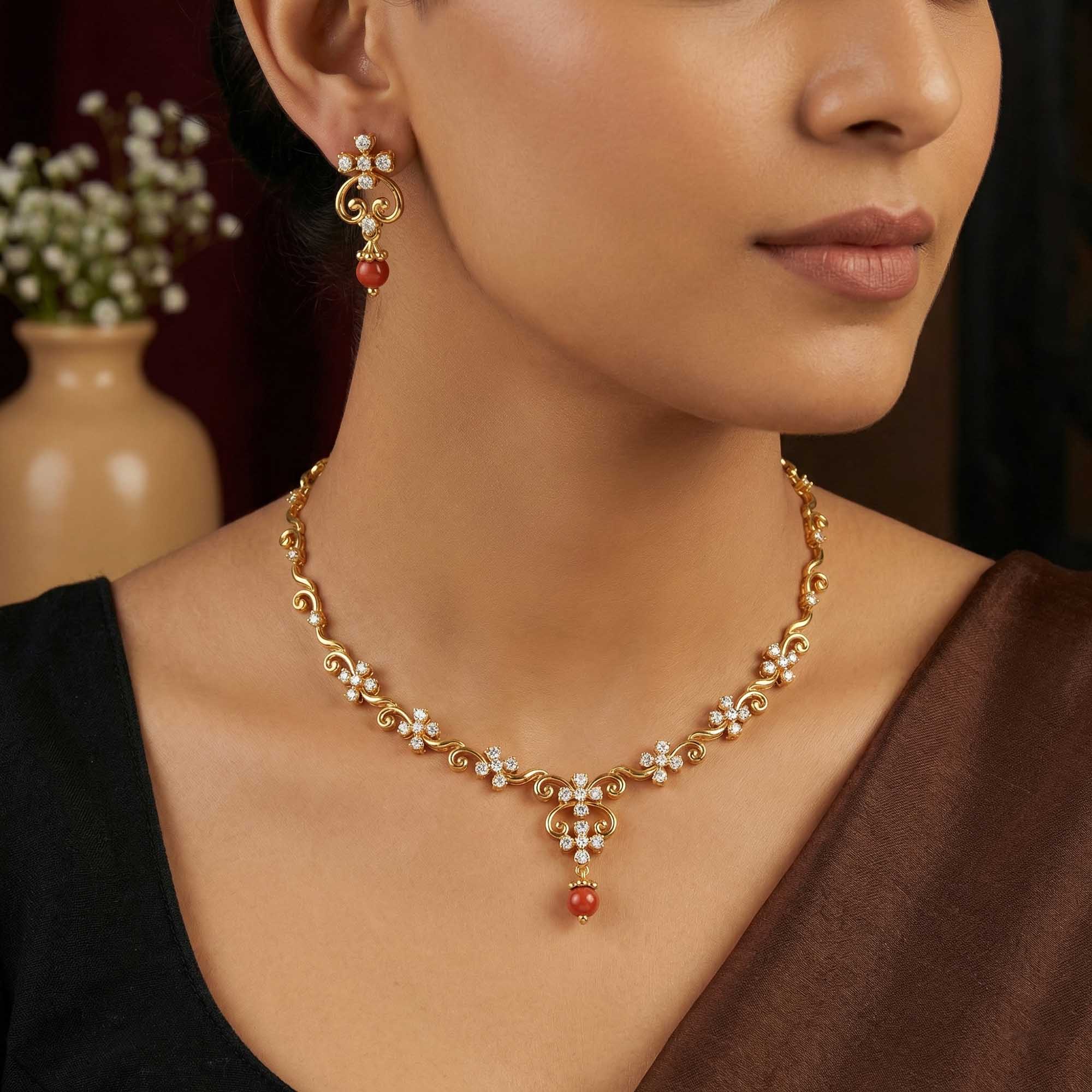 Lab-Grown Diamond Necklace and Earring Set in 22K Yellow Gold – 1.58 Ct, 58 Diamonds thumbnail