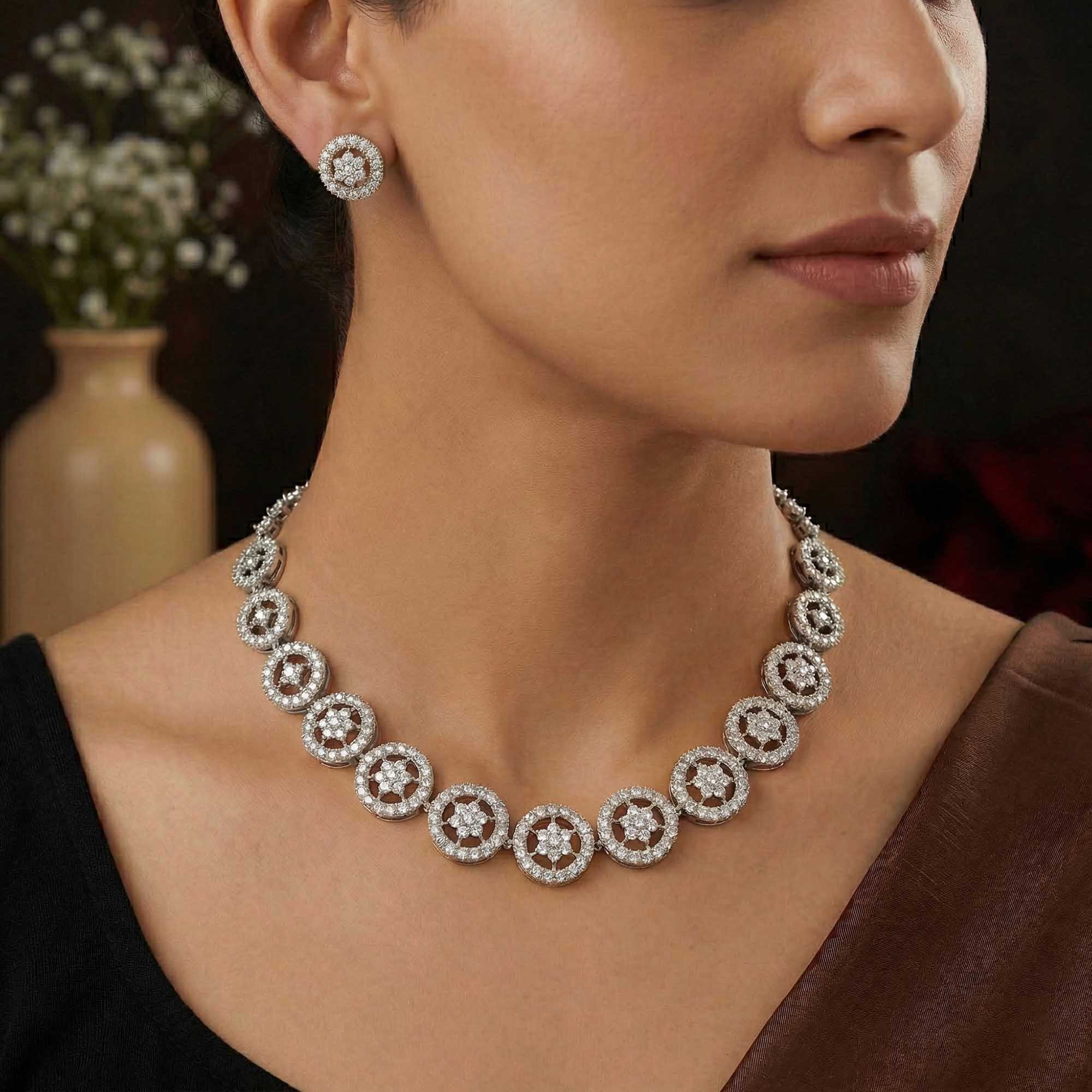 Lab-Grown Diamond Necklace and Earring Set in 18K White Gold – 9.25 Ct, 324 Diamonds thumbnail