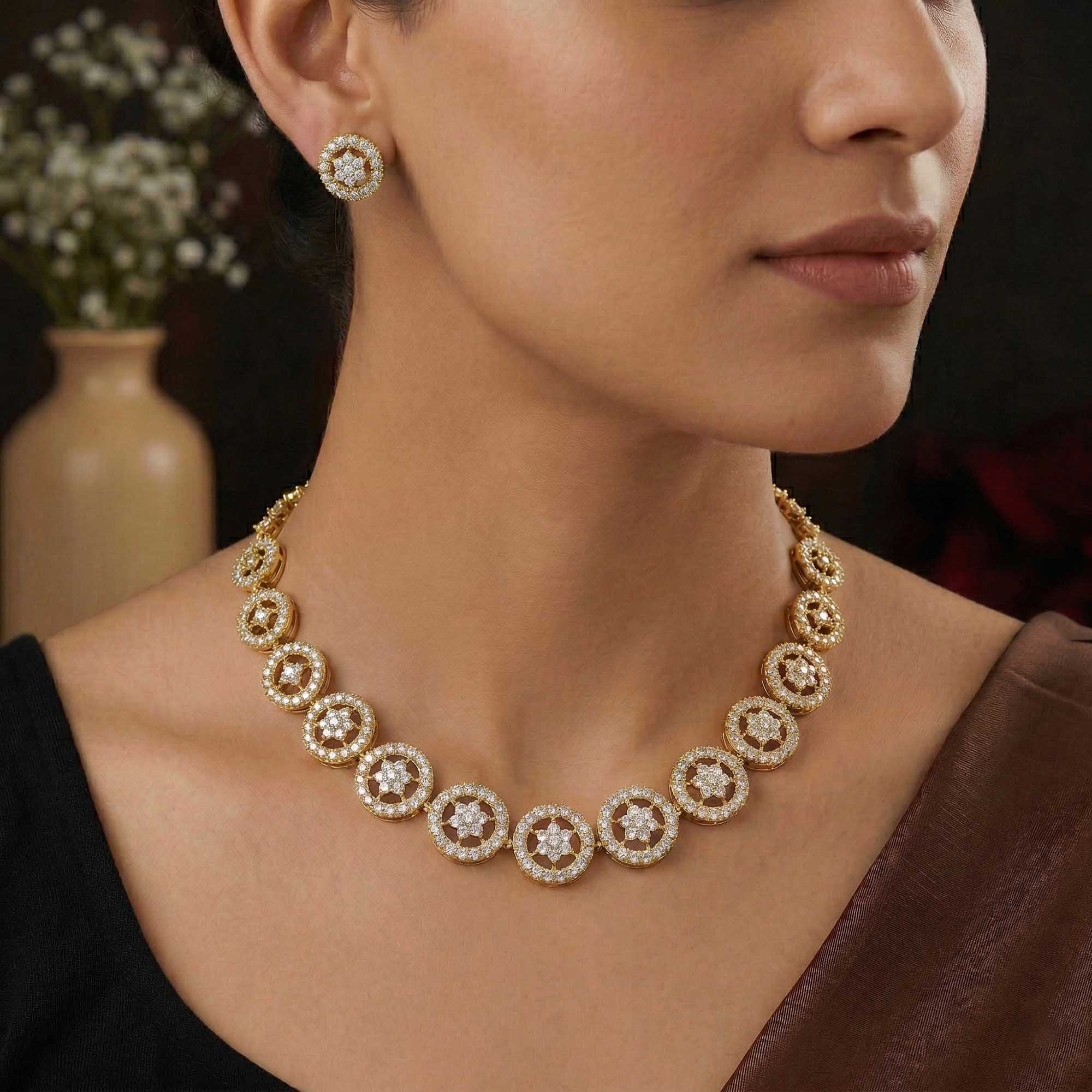Lab-Grown Diamond Necklace and Earring Set in 22K Yellow Gold – 9.25 Ct, 324 Diamonds thumbnail