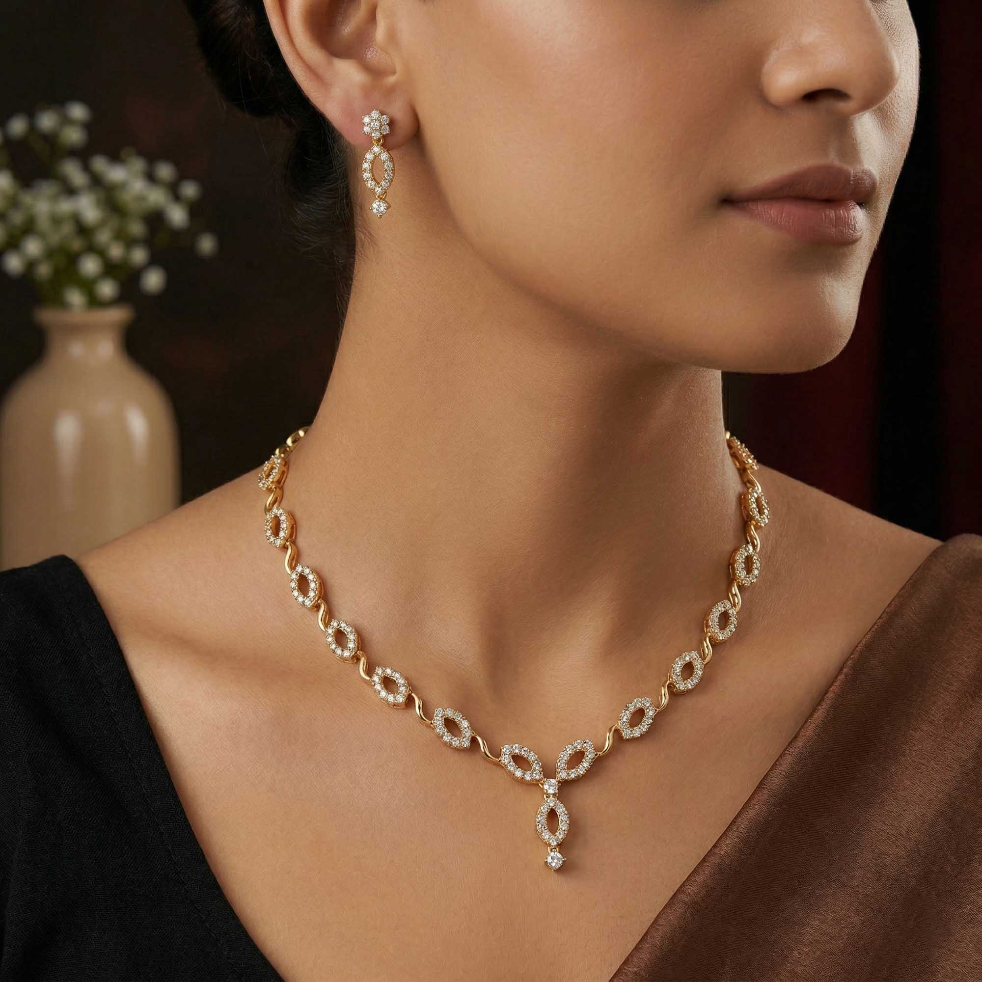 Lab-Grown Diamond Necklace and Earring Set in 22K Yellow Gold – 5.19 Ct, 186 Diamonds thumbnail