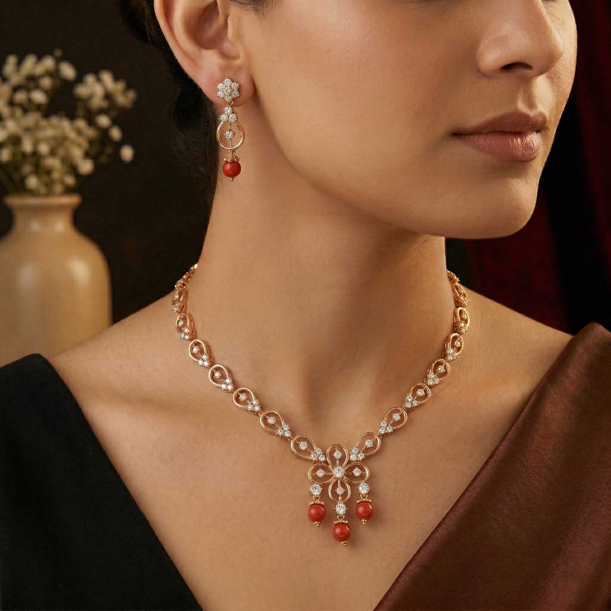 Lab-Grown Diamond Necklace and Earring Set in 18K Rose Gold – 3.48 Ct, 94 Diamonds thumbnail
