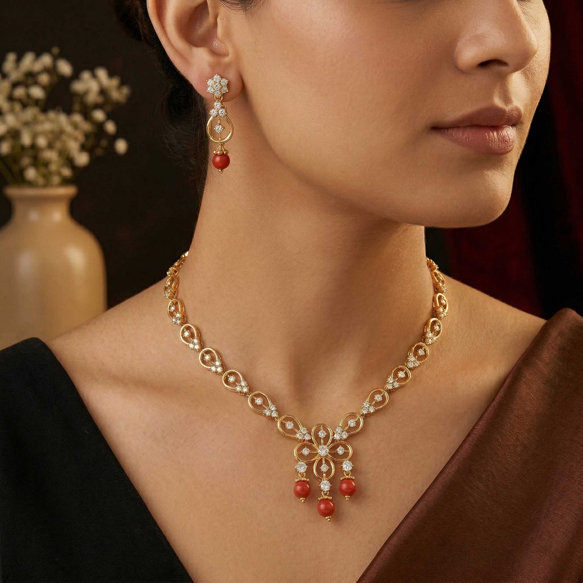 Lab-Grown Diamond Necklace and Earring Set in 22K Yellow Gold – 3.48 Ct, 94 Diamonds thumbnail