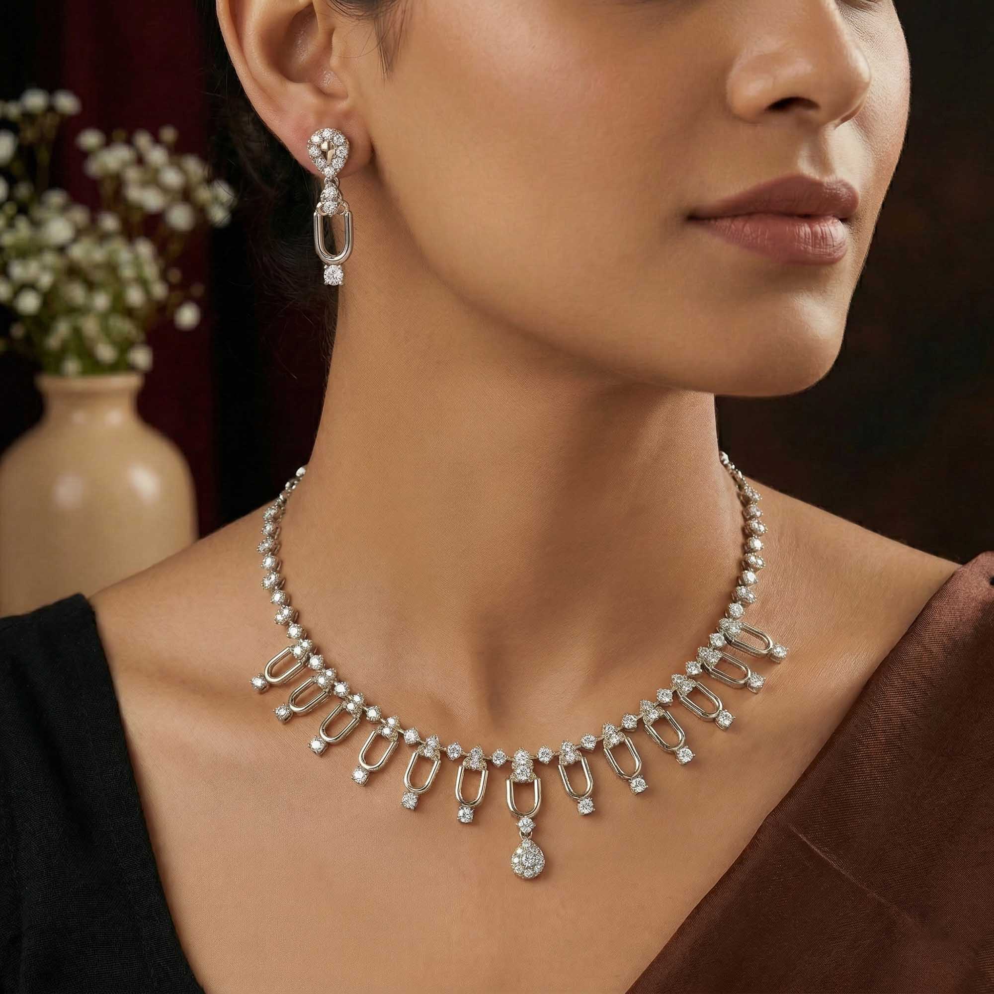 Lab grown Diamond Necklace with earring set in 18K White Gold thumbnail
