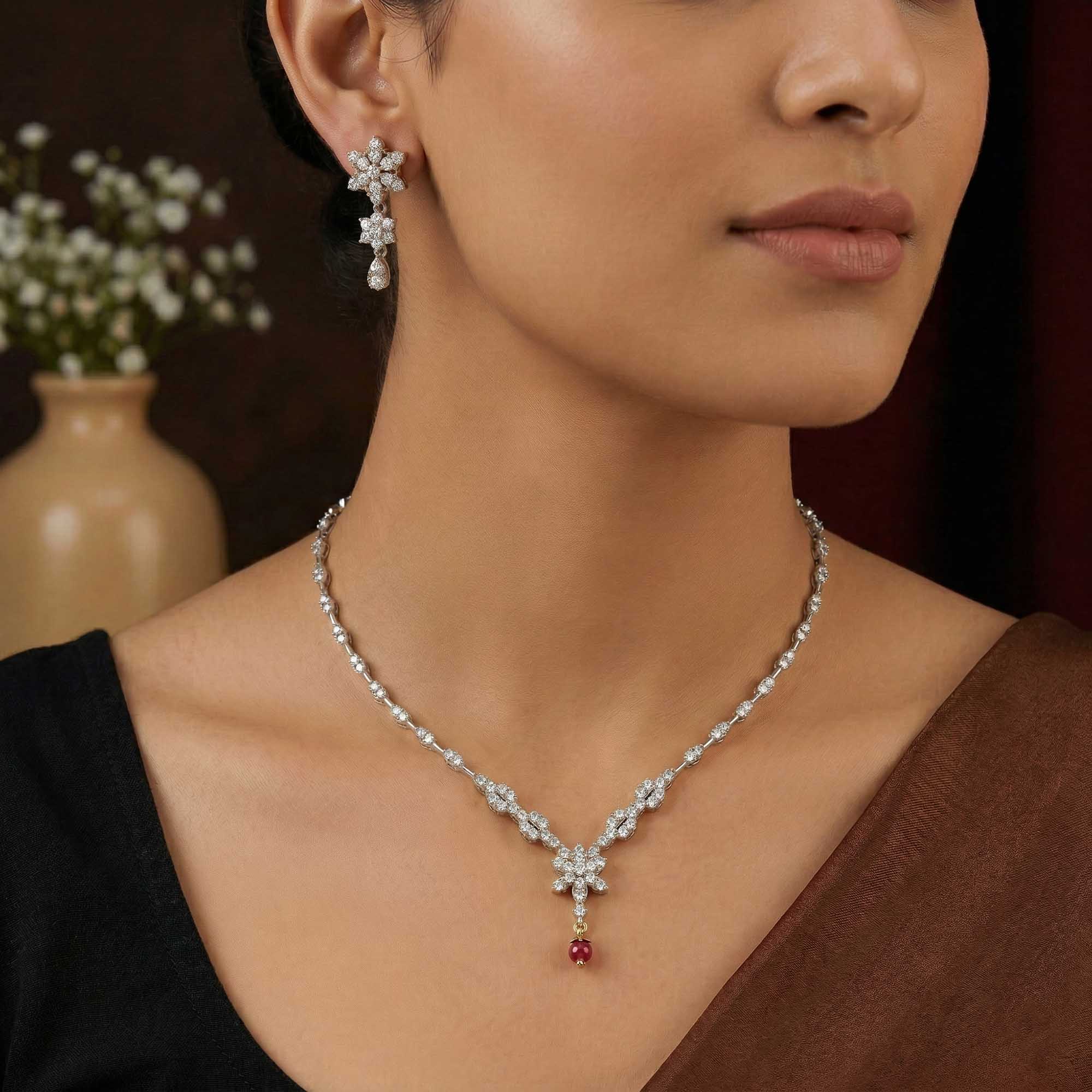 Lab-Grown Diamond Necklace and Earring Set in 18K White Gold – 3.72 Ct, 128 Diamonds thumbnail
