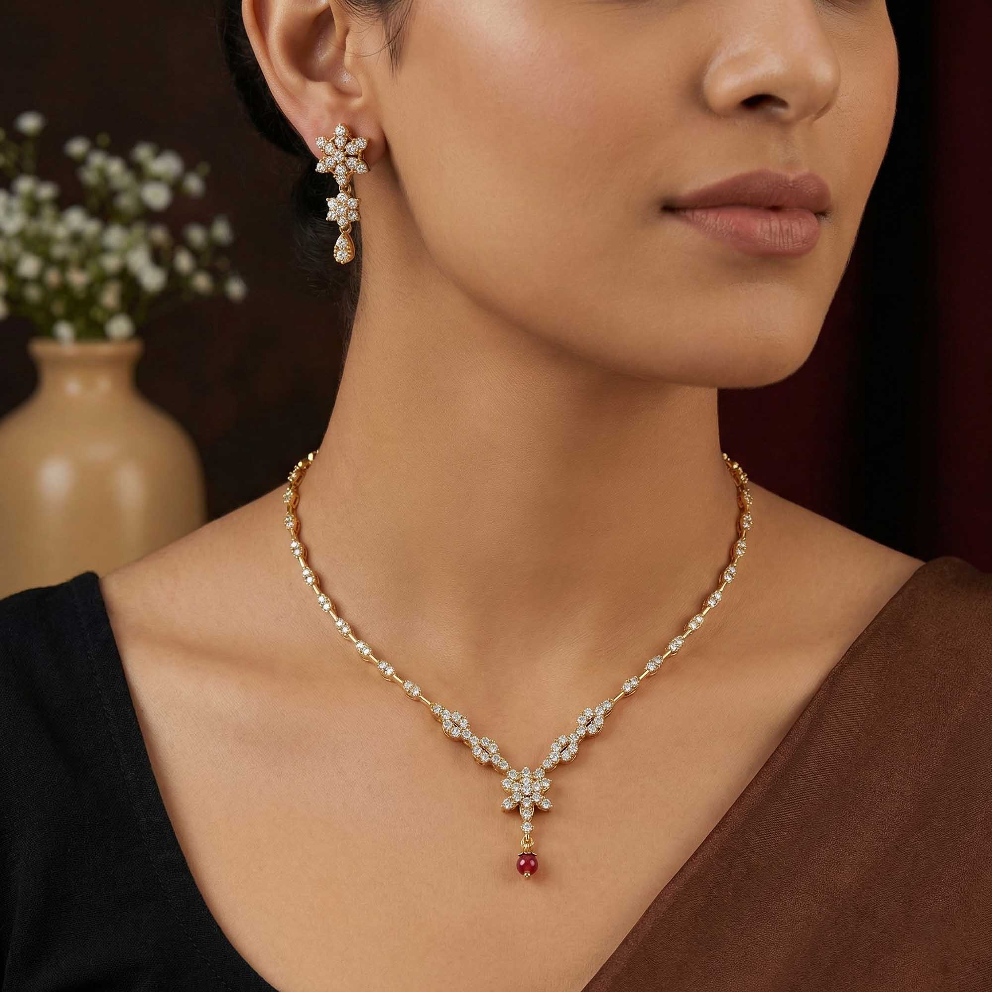 Lab-Grown Diamond Necklace and Earring Set in 22K Yellow Gold – 3.72 Ct, 128 Diamonds thumbnail