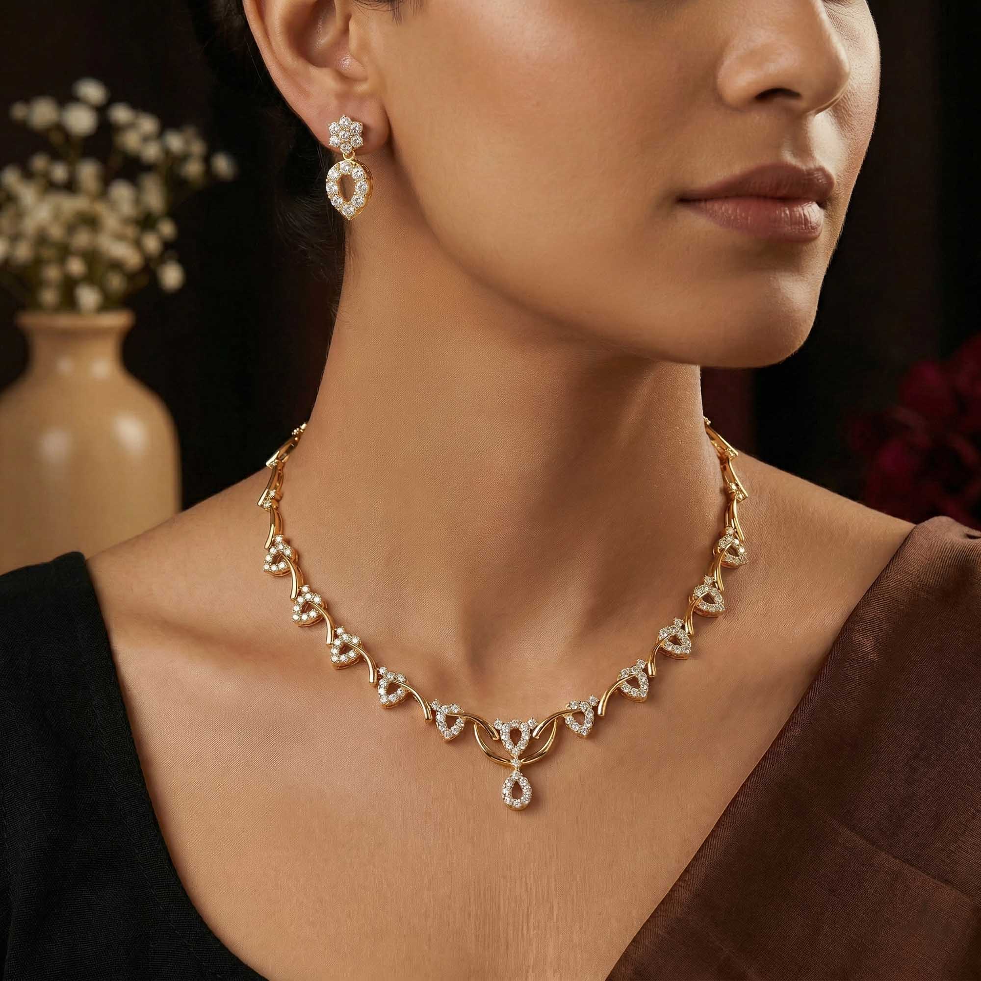Lab-Grown Diamond Necklace and Earring Set in 22K Yellow Gold – 4.58 Ct, 137 Diamonds thumbnail