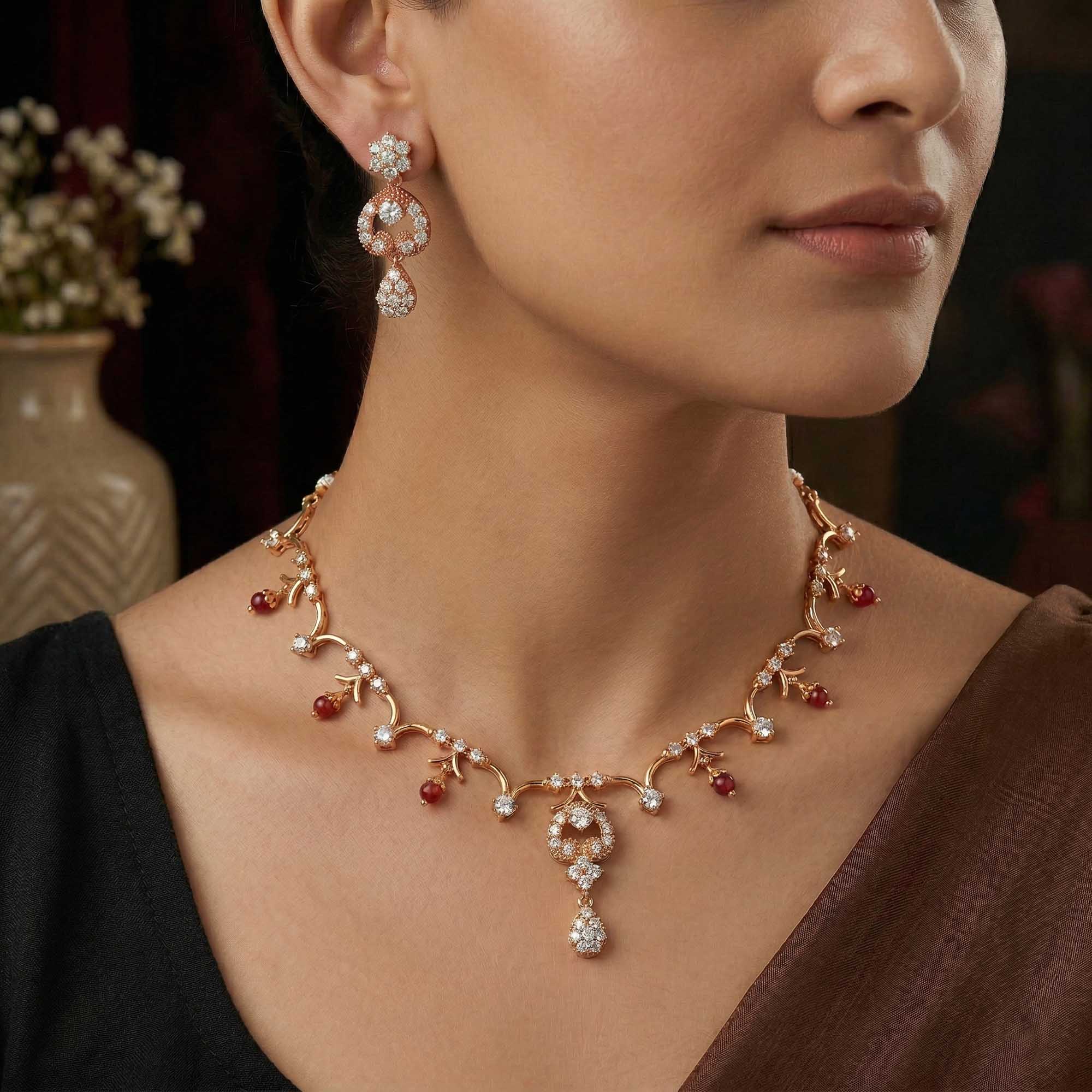 Lab grown Diamond Necklace with earring set in 18K Rose Gold thumbnail