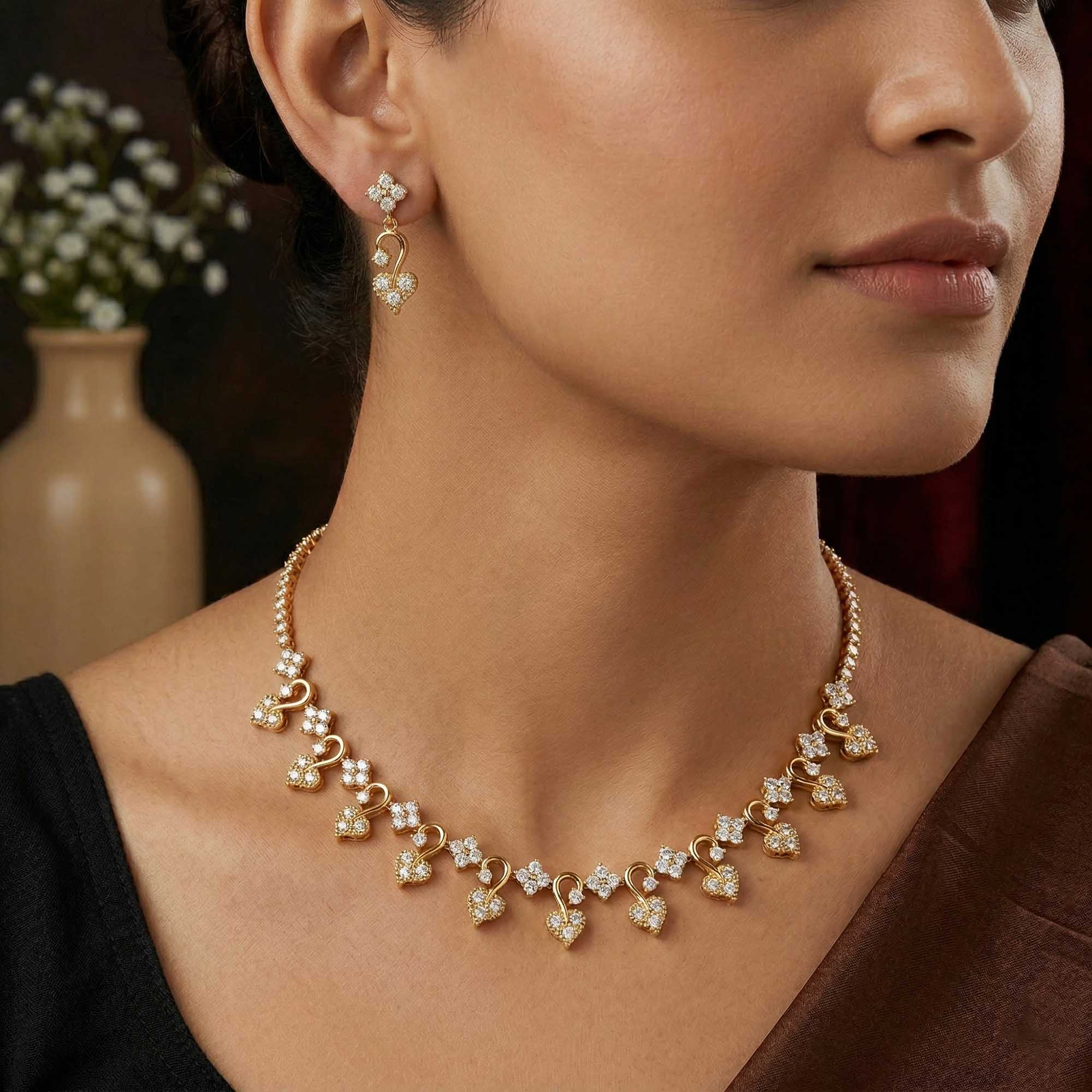 Lab-Grown Diamond Necklace and Earring Set in 22K Yellow Gold – 5.04 Ct, 144 Diamonds thumbnail