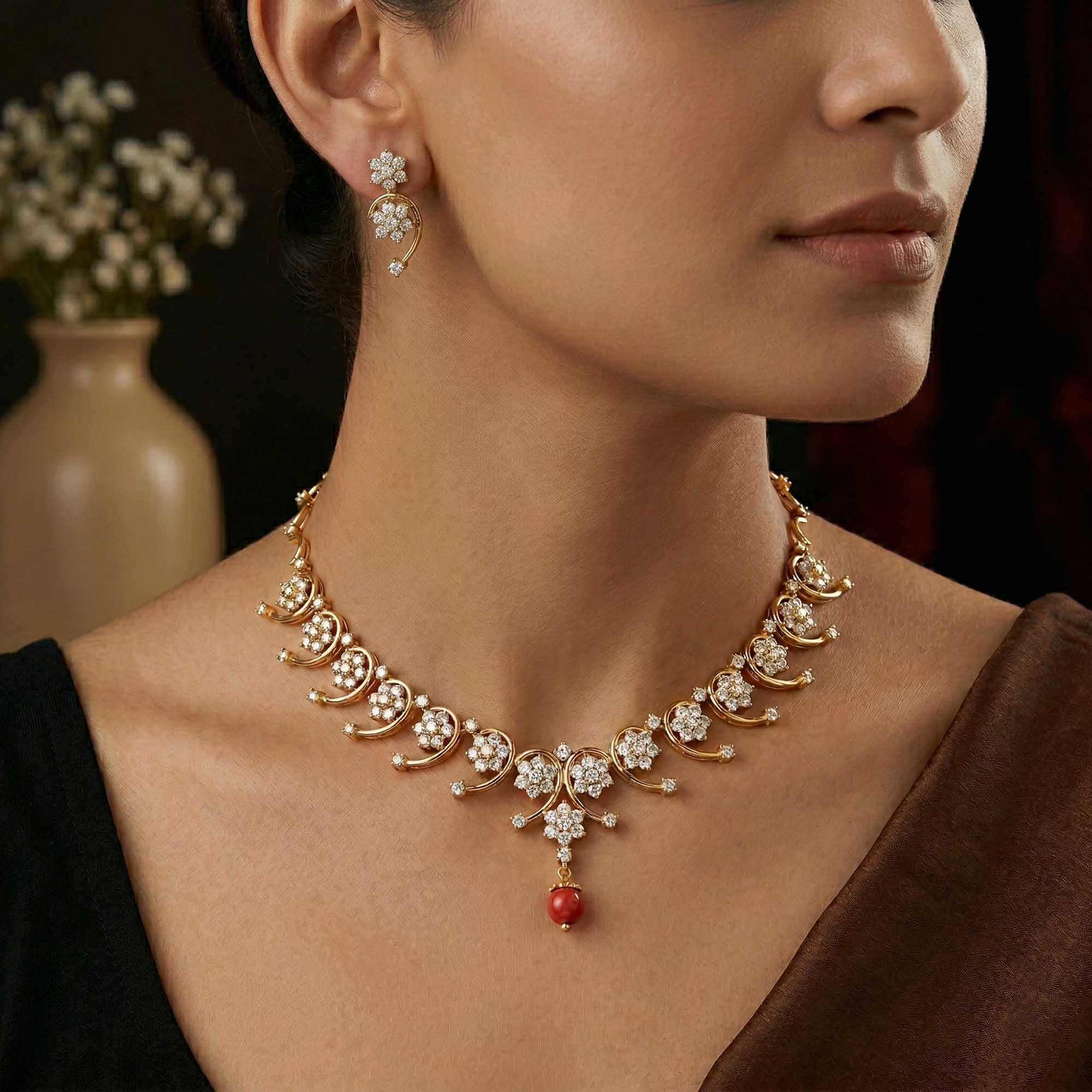Lab-Grown Diamond Necklace and Earring Set in 22K Yellow Gold – 5.8 Ct, 169 Diamonds thumbnail