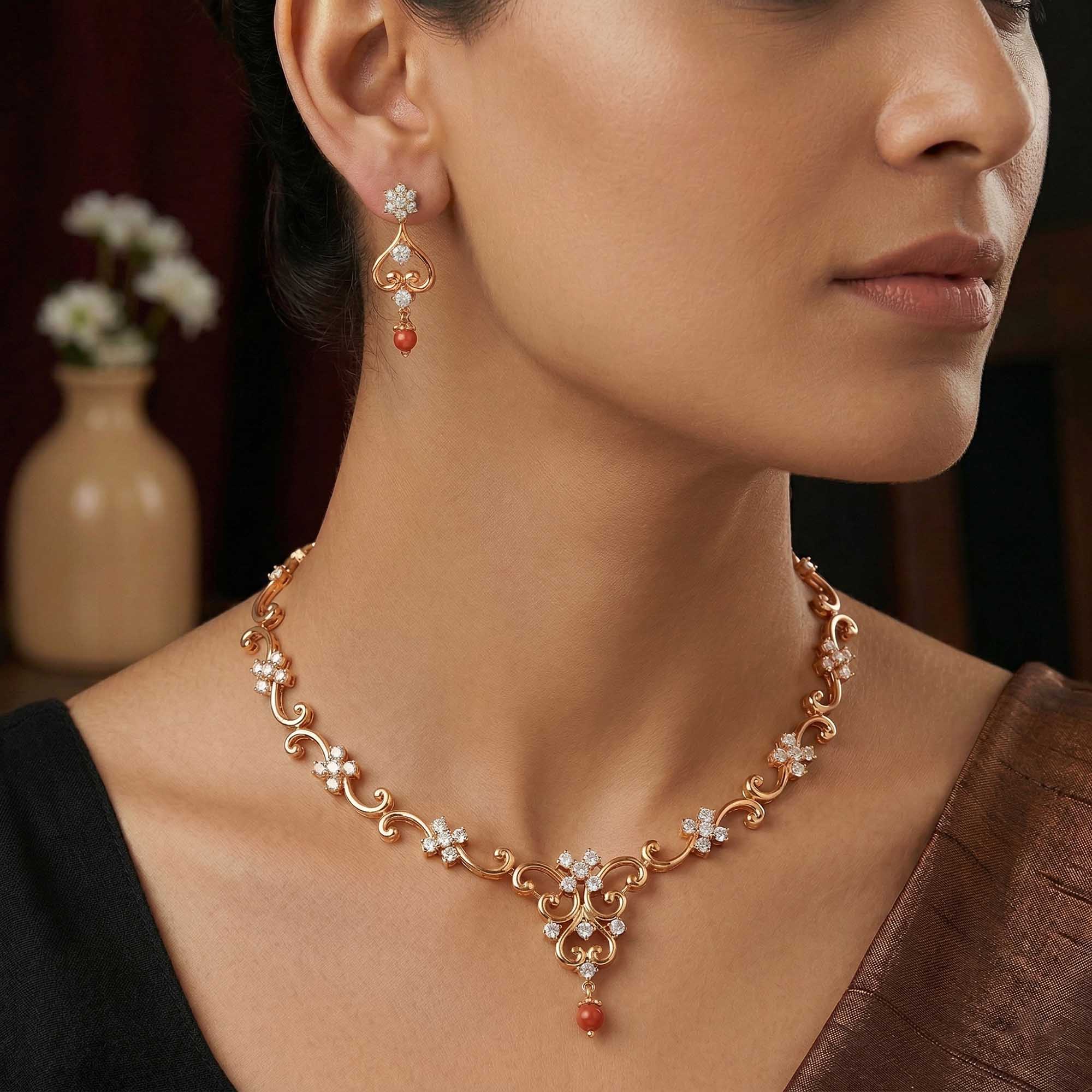 Lab grown Diamond Necklace with earring set in 18K Rose Gold thumbnail