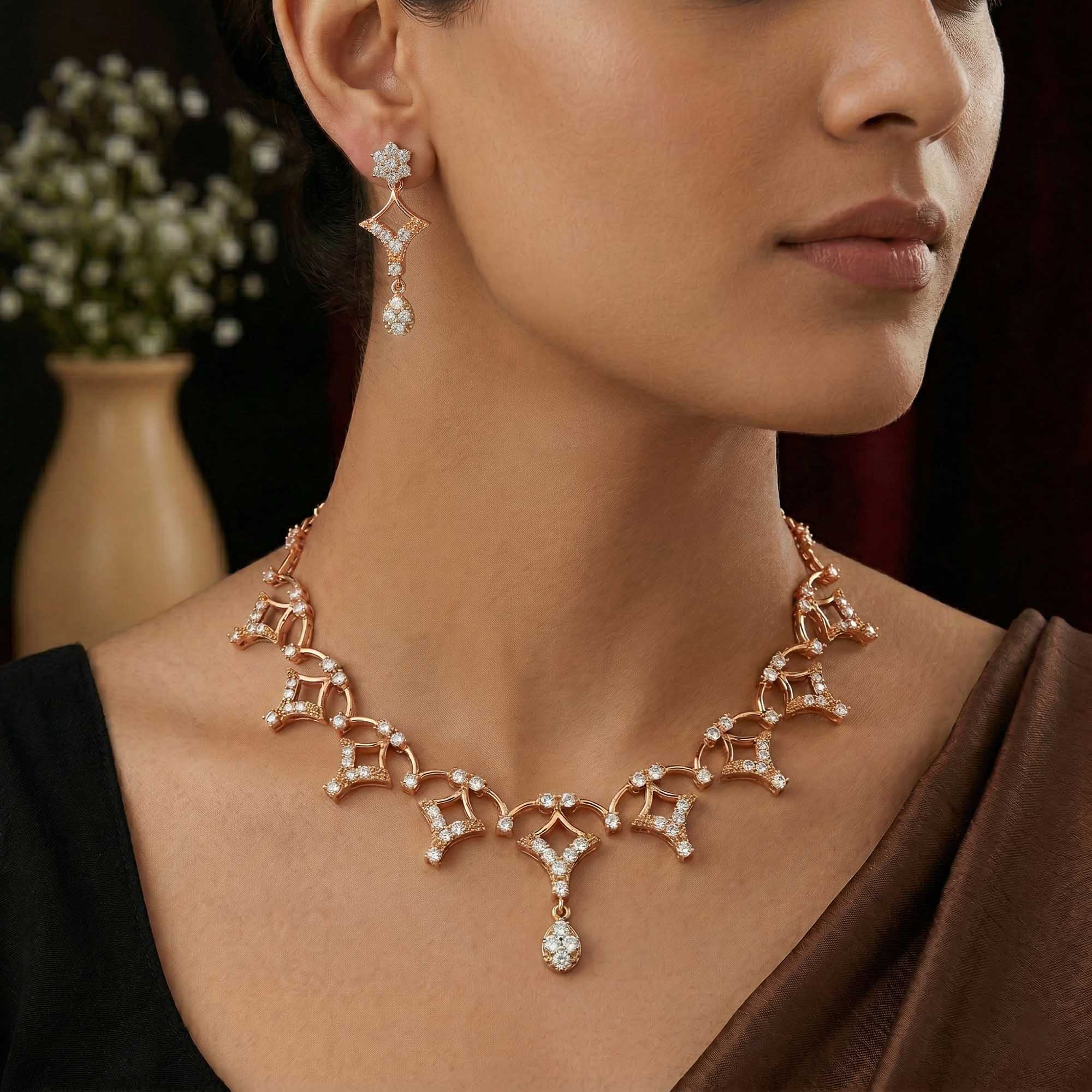 Lab-Grown Diamond Necklace and Earring Set in 18K Rose Gold – 3.6 Ct, 114 Diamonds thumbnail