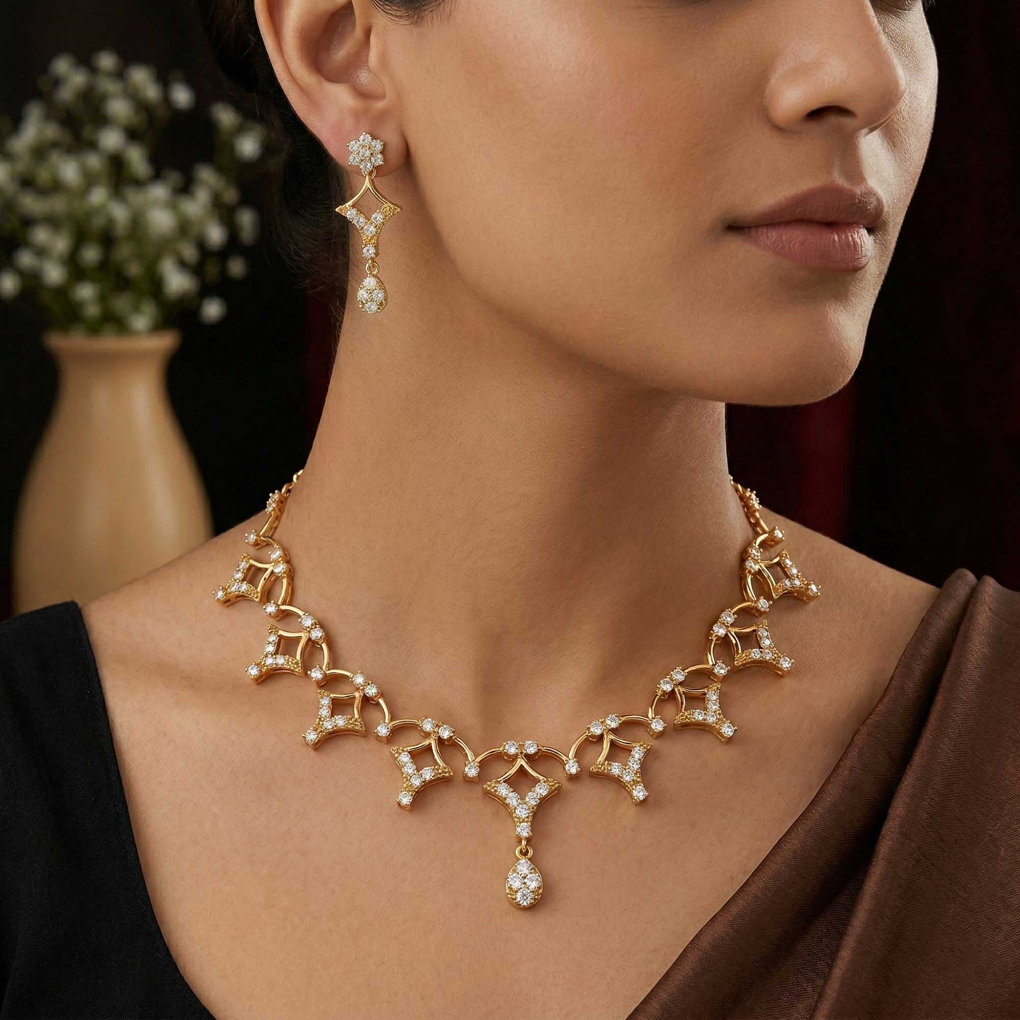 Lab-Grown Diamond Necklace and Earring Set in 22K Yellow Gold – 3.6 Ct, 114 Diamonds thumbnail