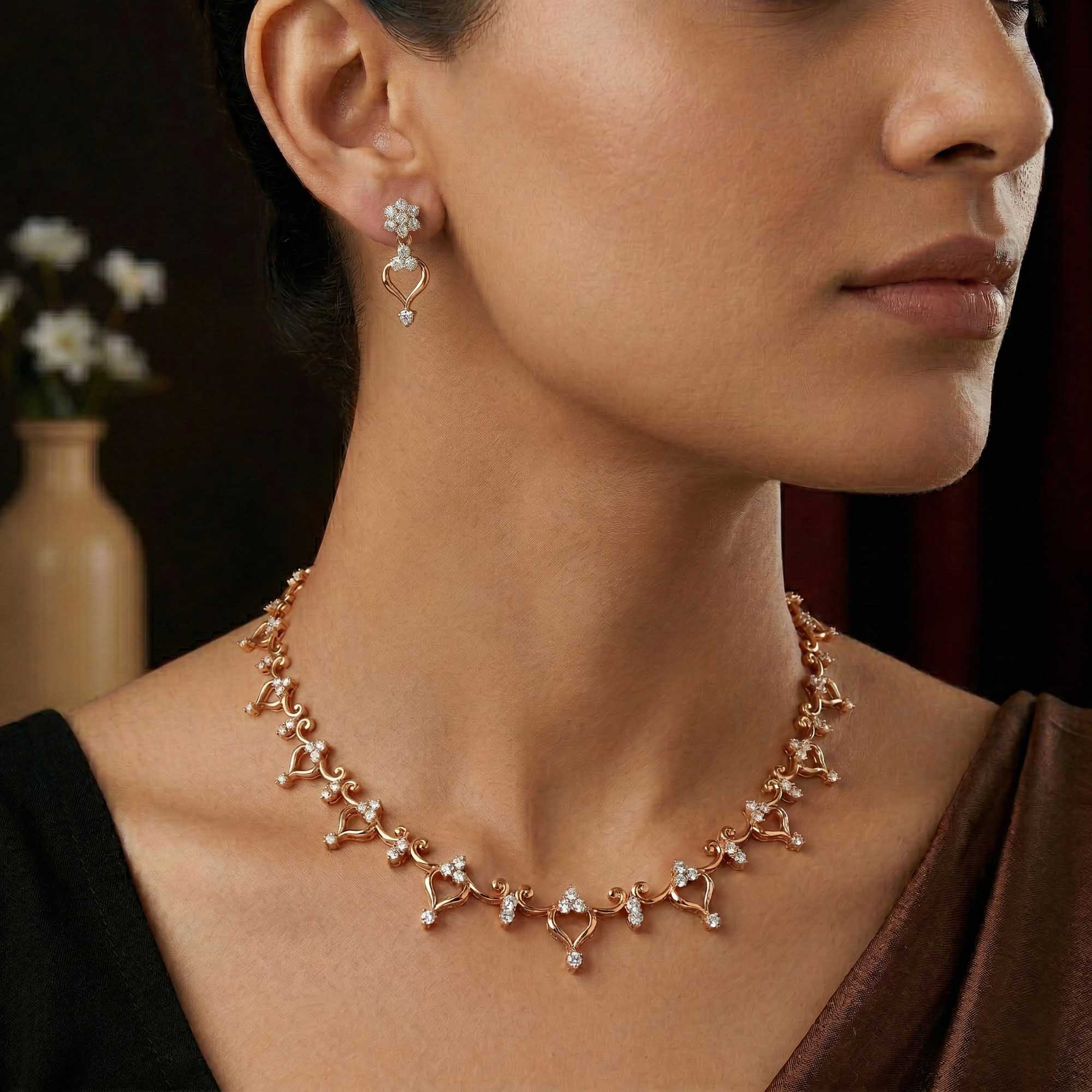 Lab grown Diamond Necklace with earring set in 18K Rose Gold thumbnail