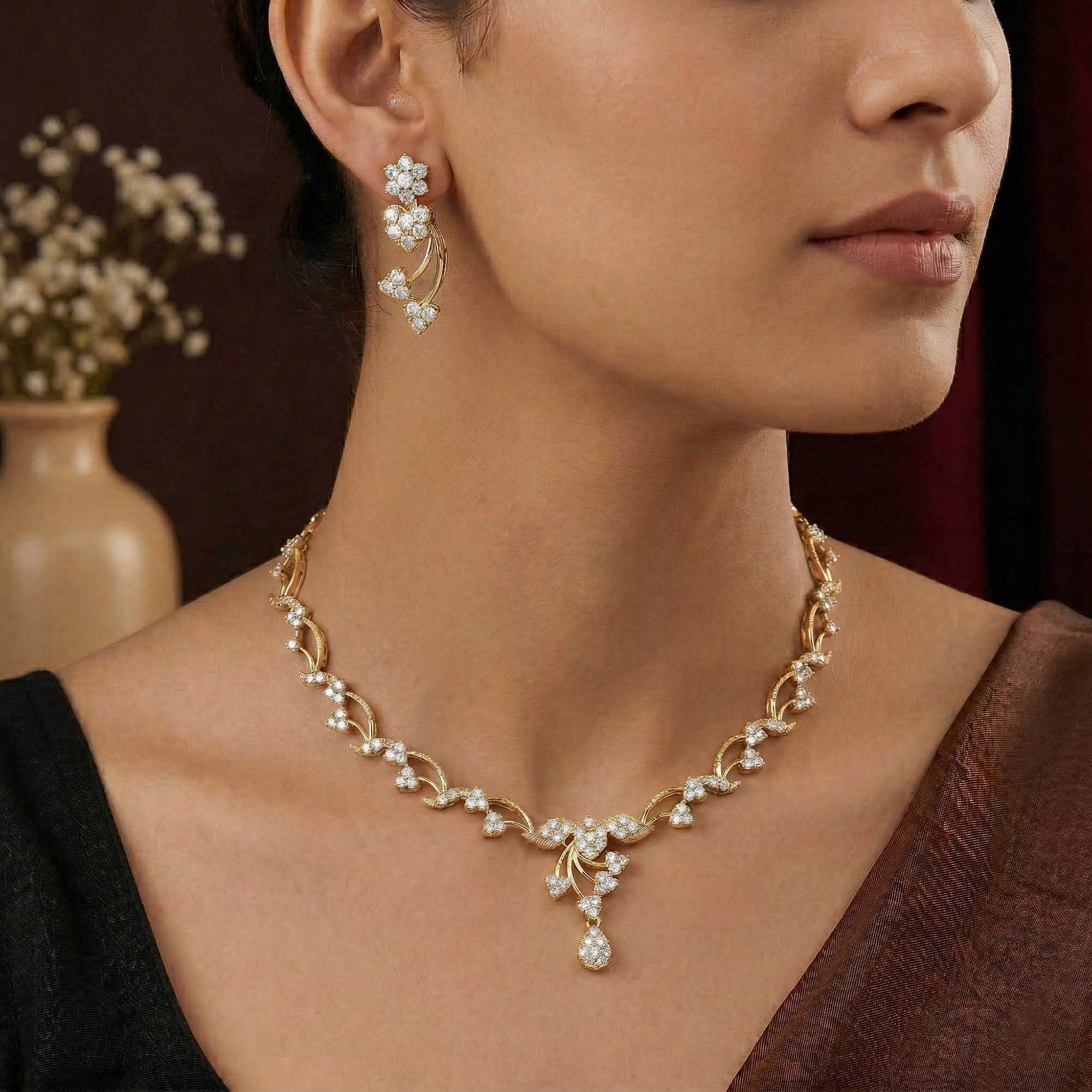 Lab-Grown Diamond Necklace and Earring Set in 22K Yellow Gold – 4.2 Ct, 153 Diamonds thumbnail