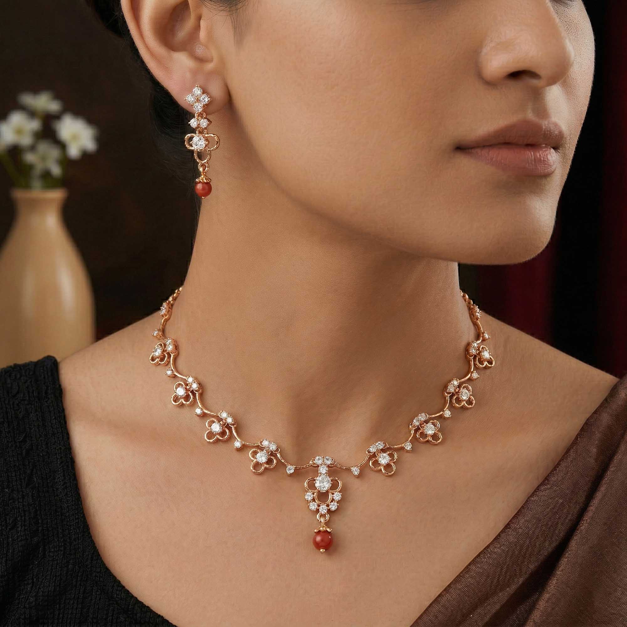 Lab grown Diamond Necklace with earring set in 18K Rose Gold thumbnail