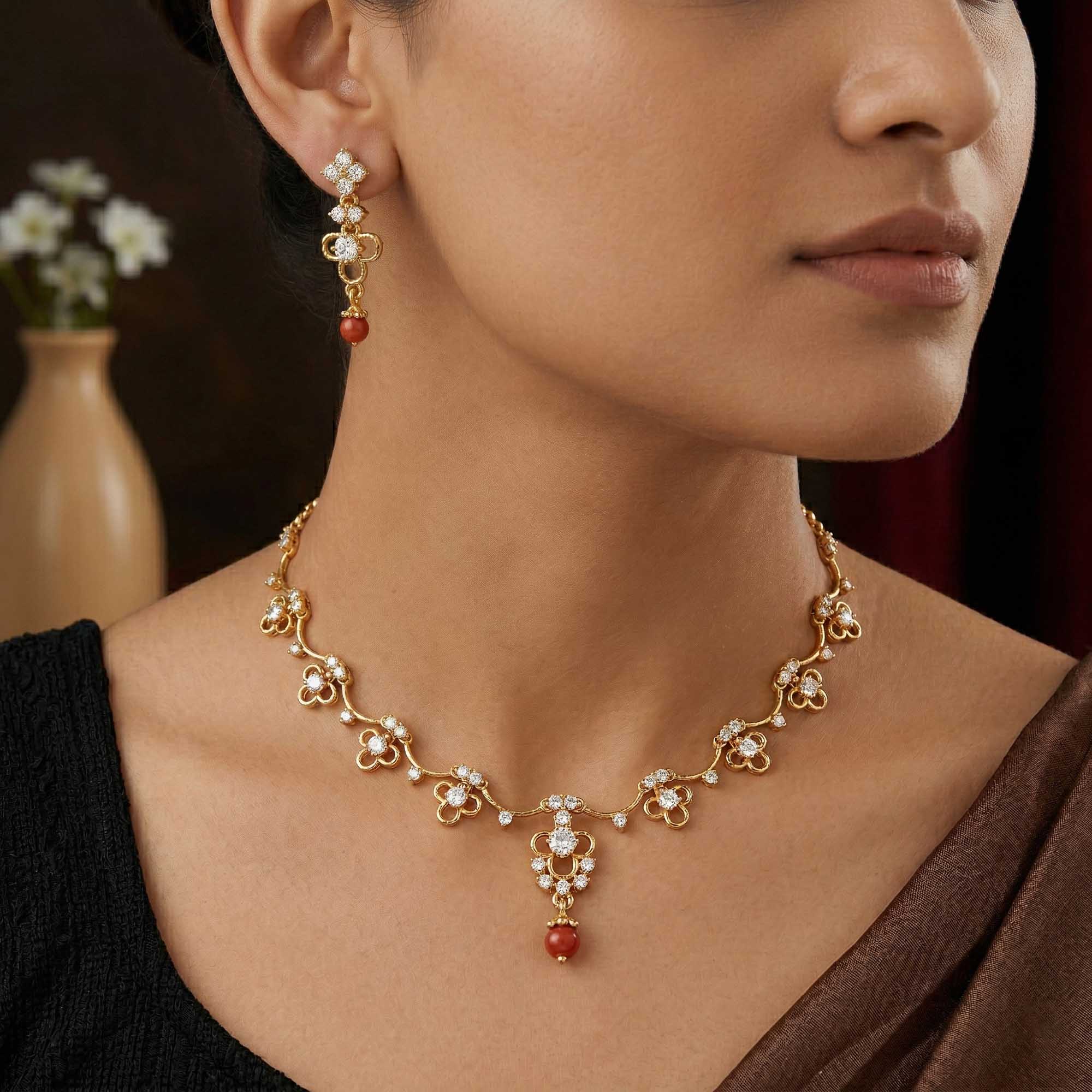 Lab-Grown Diamond Necklace and Earring Set in 22K Yellow Gold – 2.98 Ct, 67 Diamonds thumbnail