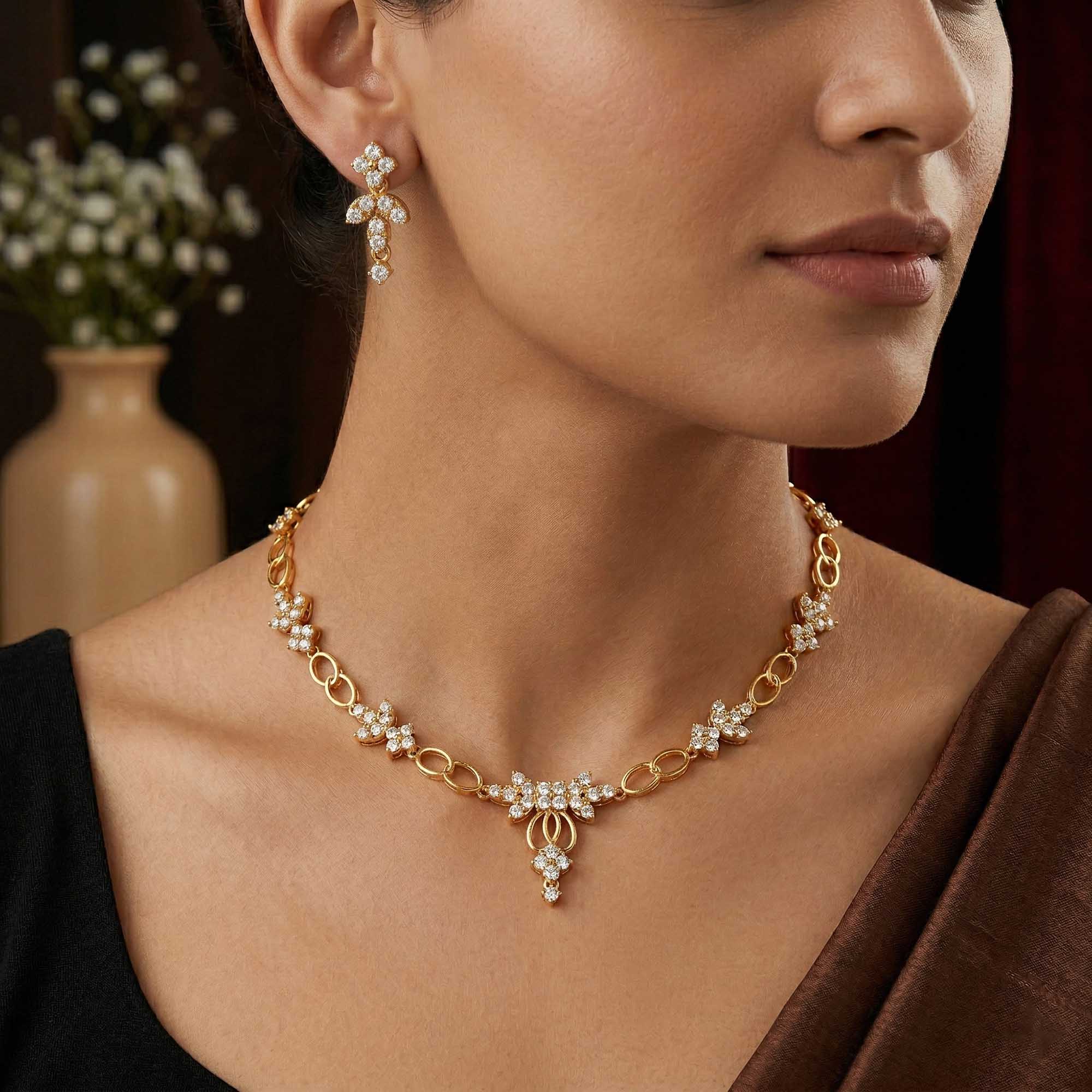 Lab-Grown Diamond Necklace and Earring Set in 22K Yellow Gold – 2.91 Ct, 90 Diamonds thumbnail