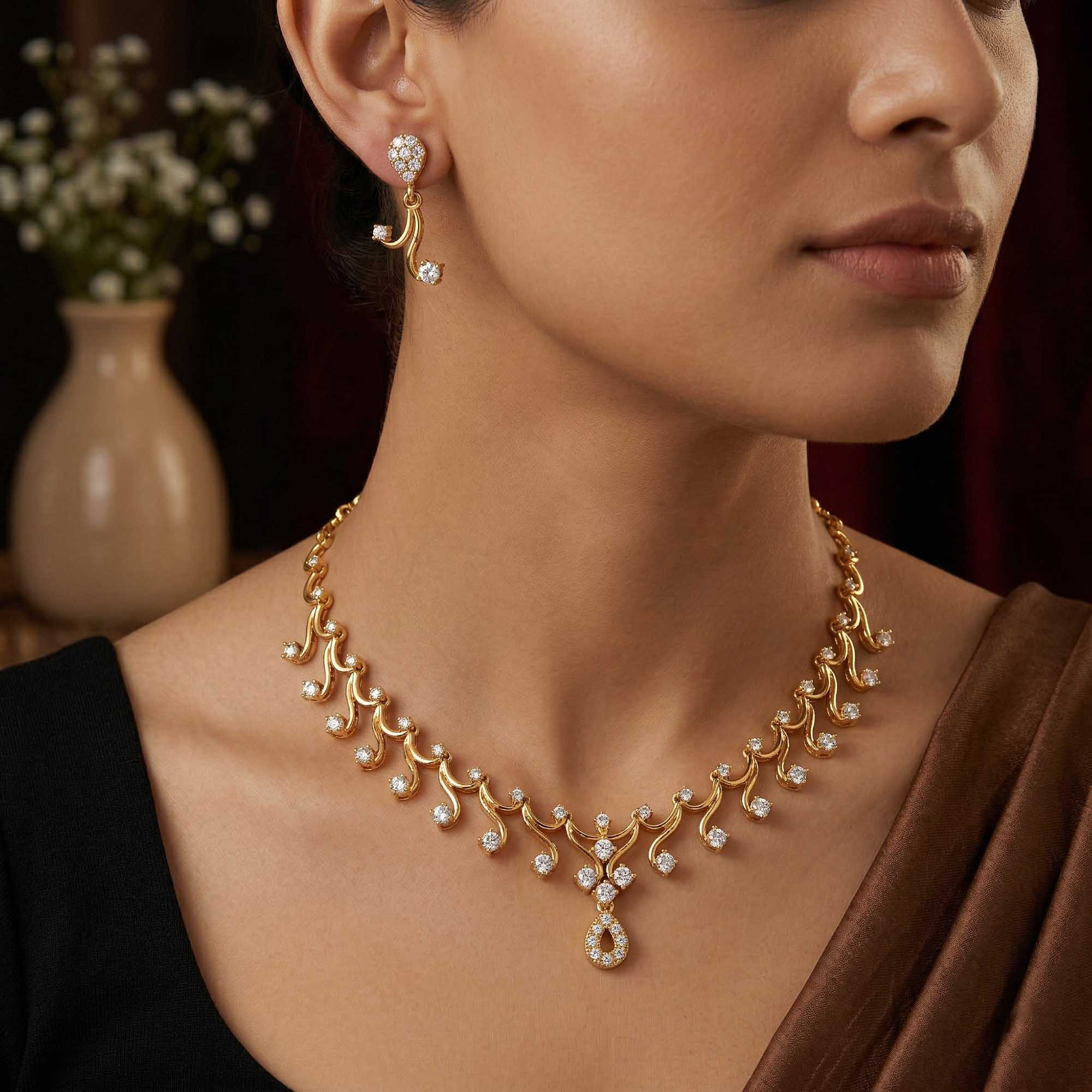 Lab-Grown Diamond Necklace and Earring Set in 22K Yellow Gold – 3.89 Ct, 69 Diamonds thumbnail