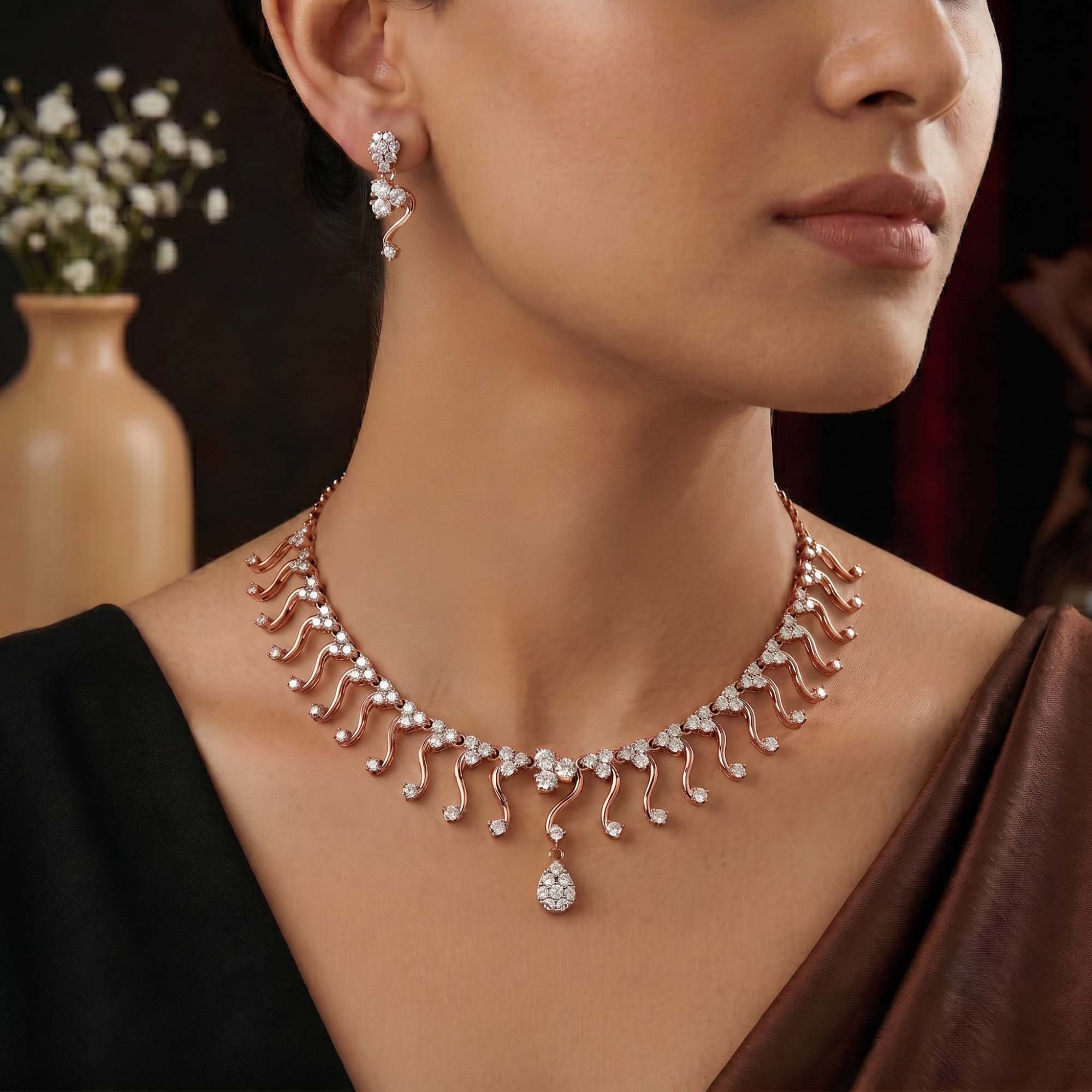 Lab-Grown Diamond Necklace and Earring Set in 18K Rose Gold – 5.13 Ct, 132 Diamonds thumbnail