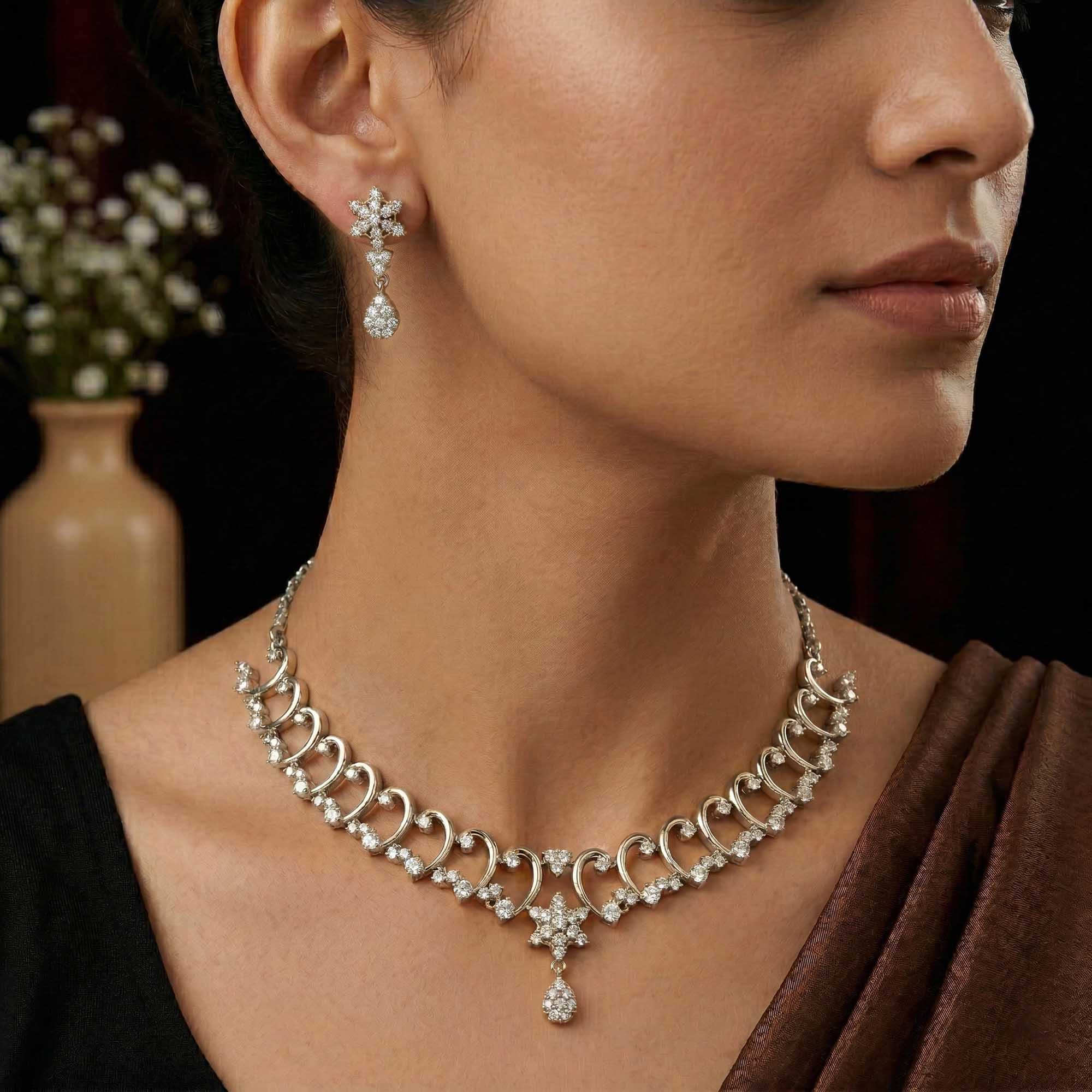 Lab-Grown Diamond Necklace and Earring Set in 18K White Gold – 5.74 Ct, 144 Diamonds thumbnail