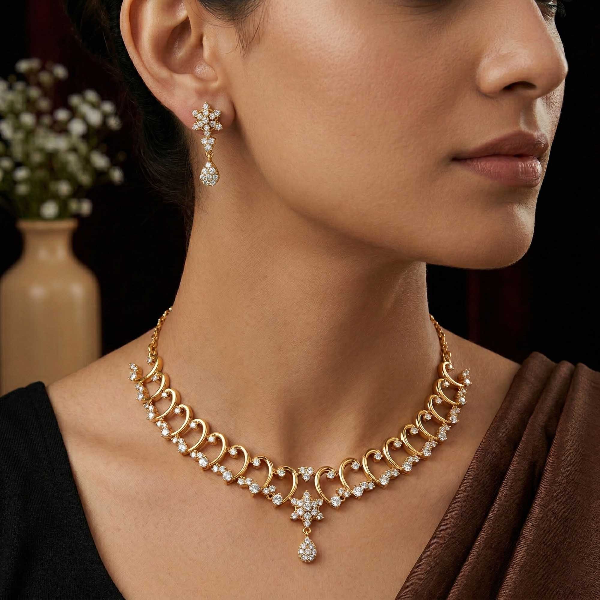 Lab-Grown Diamond Necklace and Earring Set in 22K Yellow Gold – 5.74 Ct, 144 Diamonds thumbnail