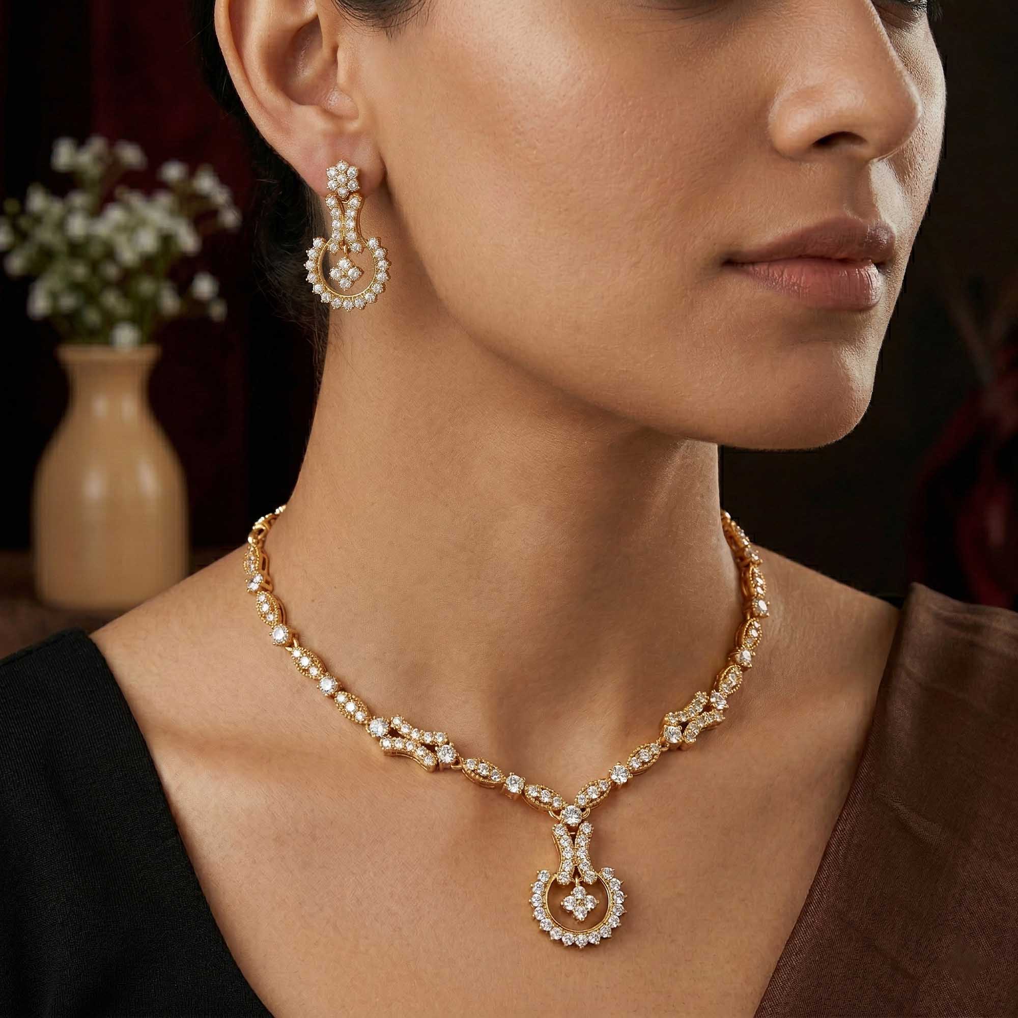 Lab-Grown Diamond Necklace and Earring Set in 22K Yellow Gold – 5.86 Ct, 170 Diamonds thumbnail