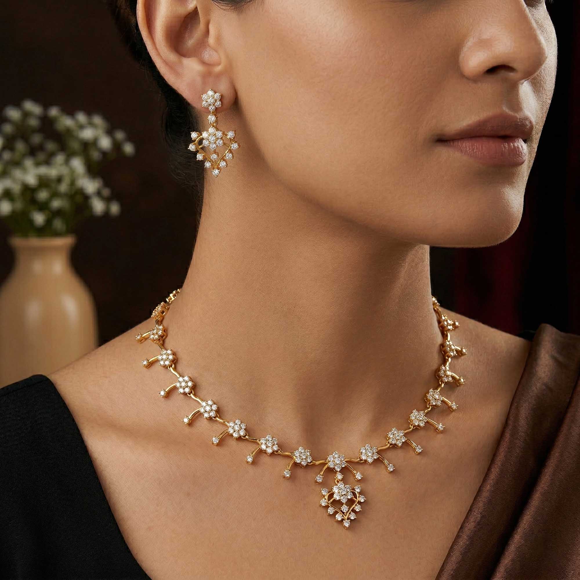 Lab-Grown Diamond Necklace and Earring Set in 22K Yellow Gold – 5.42 Ct, 189 Diamonds thumbnail