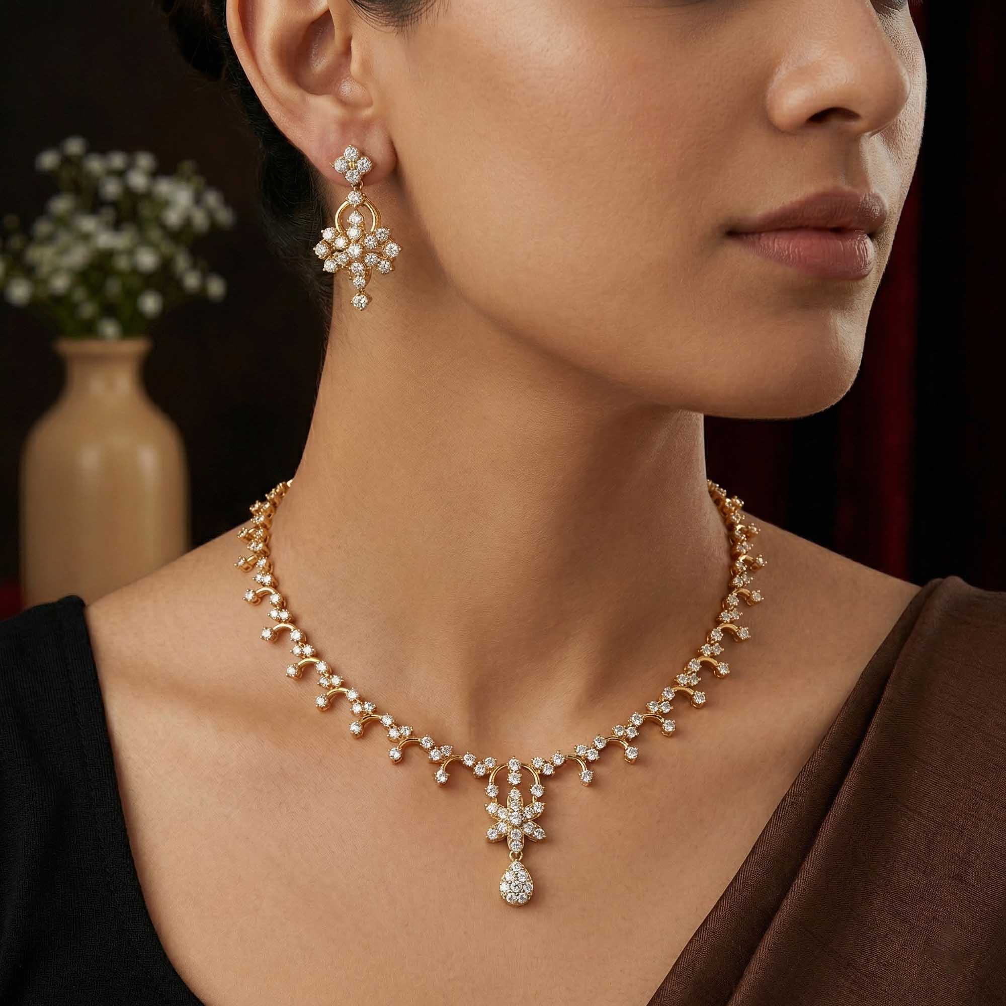 Lab-Grown Diamond Necklace and Earring Set in 22K Yellow Gold – 4.84 Ct, 159 Diamonds thumbnail